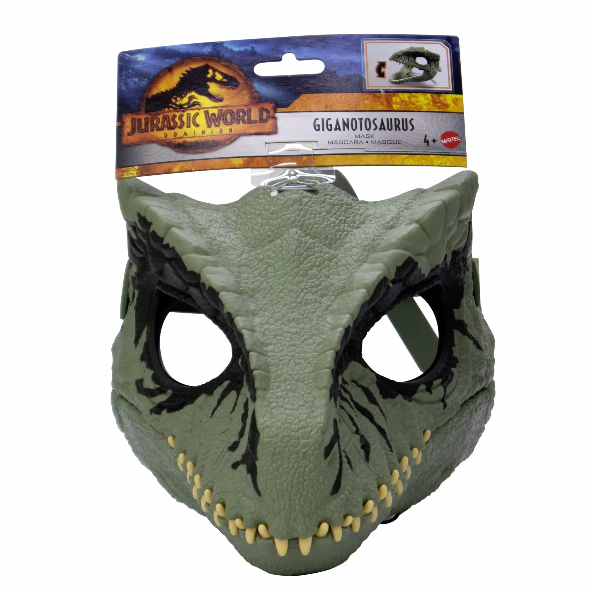 Mattel Maska dinozaura Jurassic World Dominium, Giganotosaurus Dino, zabawka do odgrywania ról i akcesoria kostiumowe z otwieraną szczęką i motywem inspirowanym filmem
