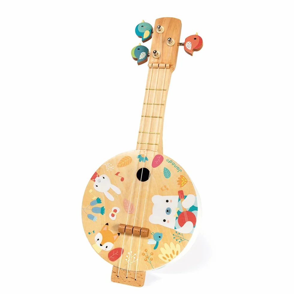 Janod - Wooden Pure Banjo - Printed with Pretty Illustrations, Water Based Paint - Bird-Shaped Tuning Keys - Imitation Toy - 3 Spare Cords - Banjo for Children - from 3 Years Old, J05160