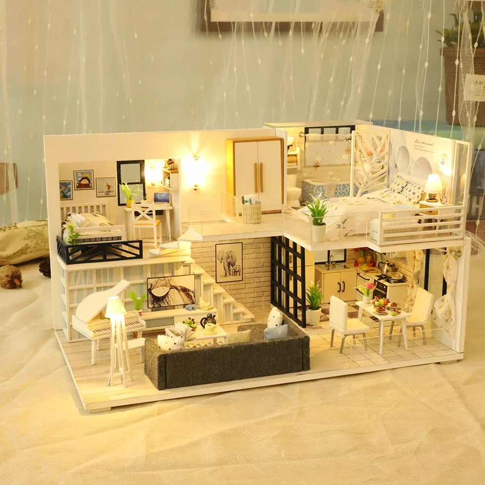 GuDoQi Domek dla lalek "zrób to sam" miniaturowy zestaw, drewniany domek dla lalek 3D, zestaw do montażu z meblami, muzyką i światłem LED, miniaturowe zestawy modelarskie dla kobiet i kolekcjonerów