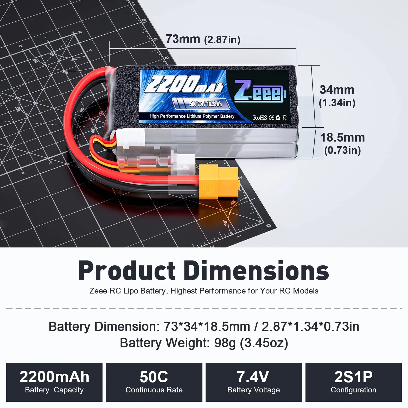 Zeee 2S Lipo akumulator 50C 2200 mAh 7,4 V krótki akumulator RC z wtyczką XT60 do 1/16 Slash RC, samochodów ciężarowych, RC helikopterów, samolotów, quadkopterów, dronów, łodzi, modeli wyścigowych (2