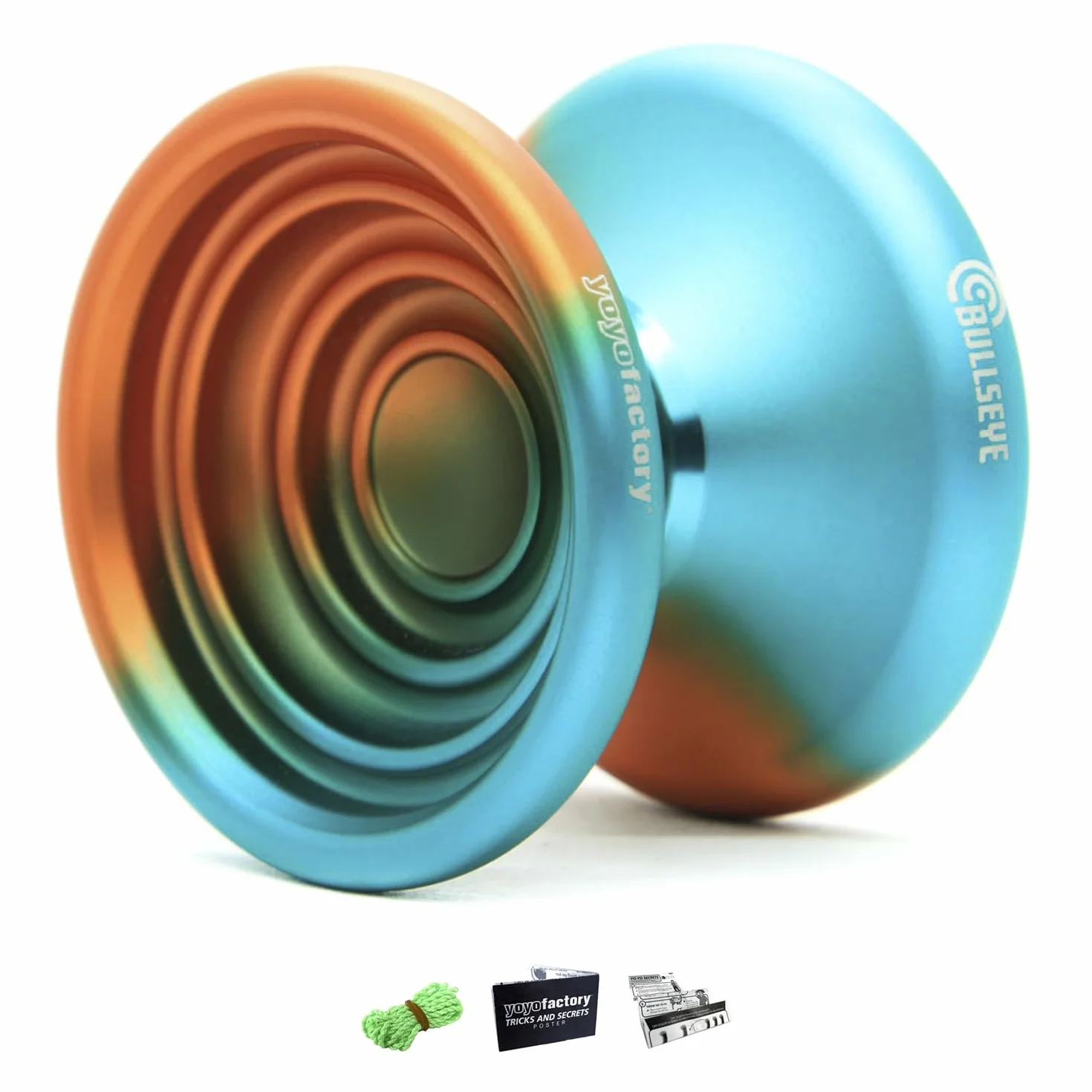 YoyoFactory BULLSEYE Yo-Yo - POMARAŃCZOWY/TURKUSOWY (DNA Sztuczki, Metal Yoyo, String, Ball-Bearing & Instructions Included)