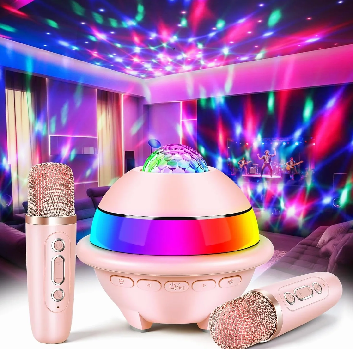 JONRRYIN Zestaw do karaoke z 2 mikrofonami, przenośna maszyna do karaoke Bluetooth dla dzieci ze światłem dyskotekowym i 5 efektami dźwiękowymi, głośnik Bluetooth dla dzieci, muzyka, prezent na Boże
