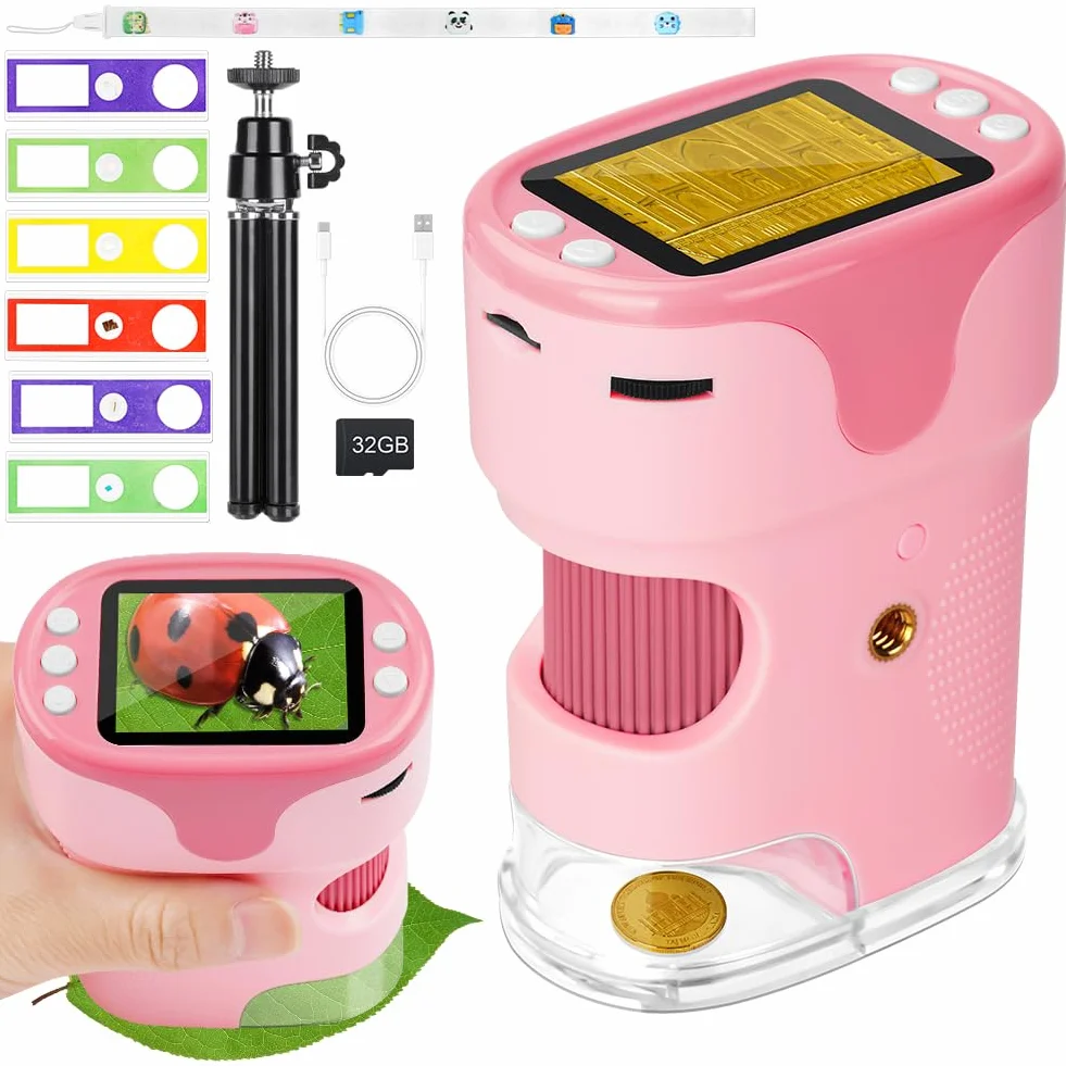 AXFEE Mikroskop dla dzieci, 1000X przenośny mikroskop kieszonkowy z LED, mini mikroskop z wyświetlaczem LCD 2,0", 4 K, 6 folii, karta pamięci 32 GB i statyw, dla dzieci i dorosłych (różowy)