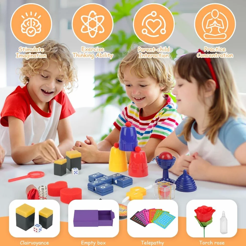 OSDUE Magiczne gry, 24 magiczne sztuczki dla dzieci, mały początkujący magiczna różdżka, zestaw magicznych sztuczek dla dzieci z magiczną peleryną i kapeluszem, prezent dla chłopców, dziewcząt