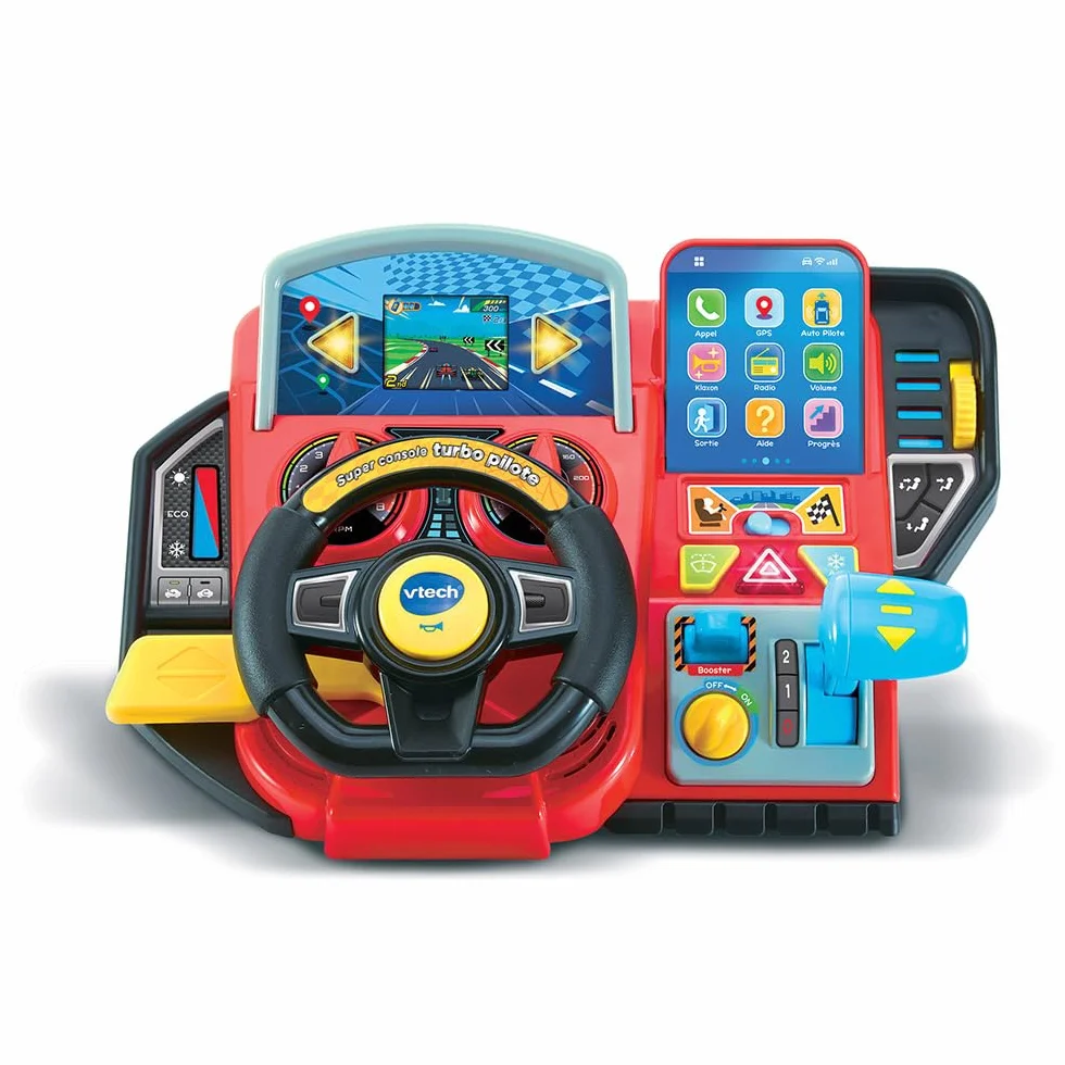 VTech - Super Turbo Console Driver, symulator jazdy z kolorowym ekranem i deską rozdzielczą, wyścigi samochodowe, nauka i gry, prezent dla dzieci w wieku od 3 lat do 8 lat - Zawartość w języku