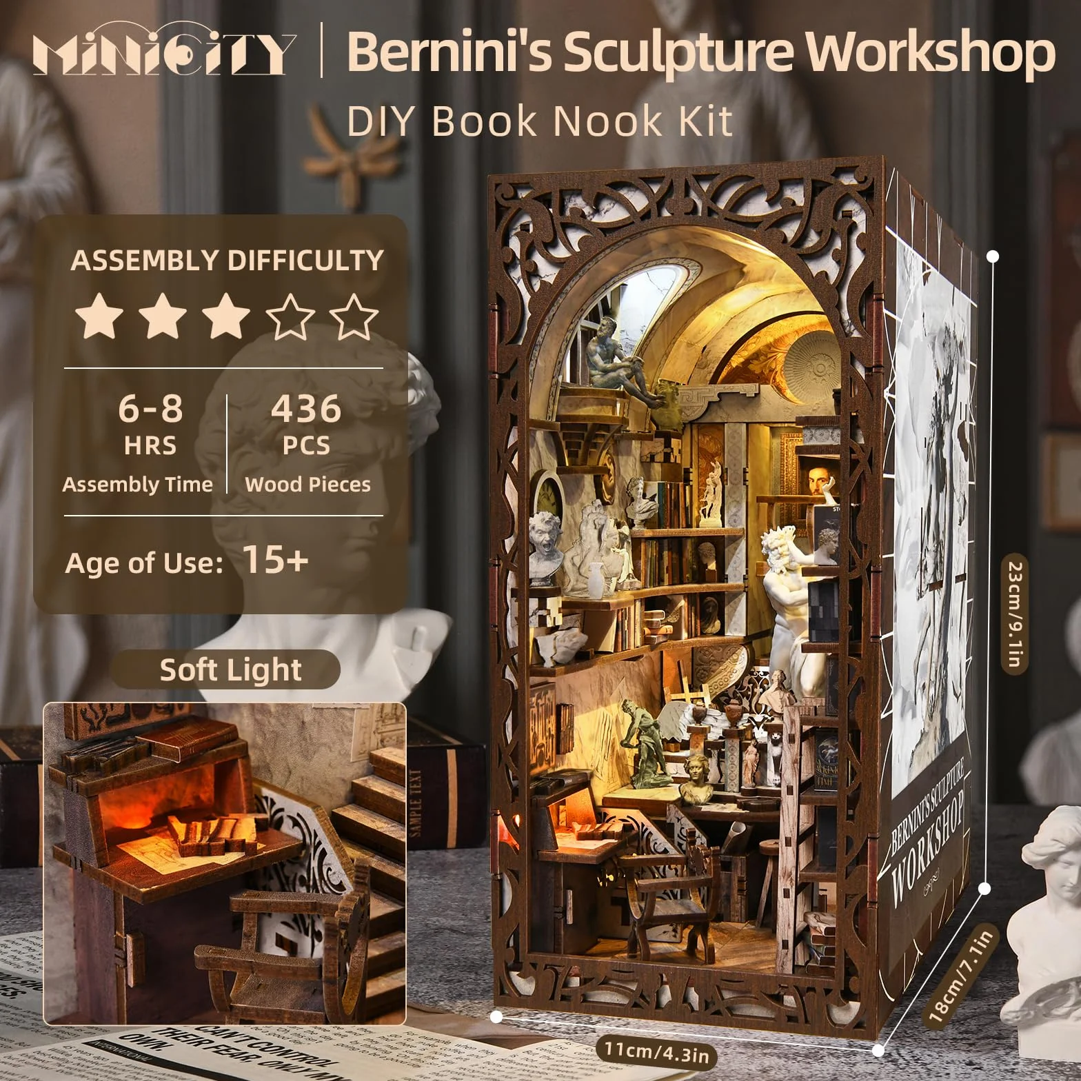 MiniCity Book Nook zestaw do budowania, miniaturowy domek dla lalek 3D, kącik na książki, zestaw z oświetleniem LED i osłoną przeciwpyłową - Bernini's Workshop