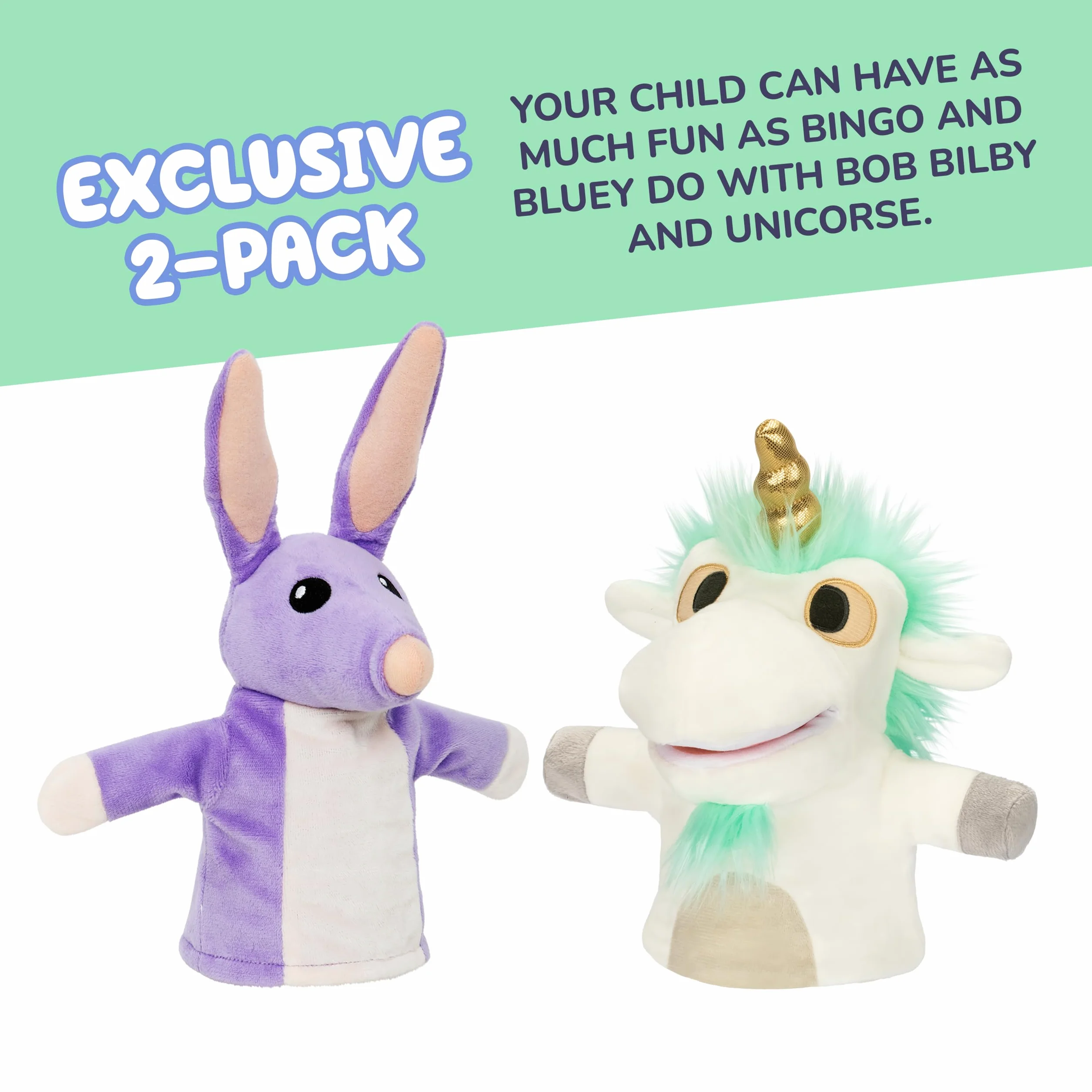 Bluey Zestaw 2 pluszowych lalek, jednorożca i Bob Bilby, idealny rozmiar, aby dopasować się do dłoni malucha | Wyłącznie w serwisie Amazon