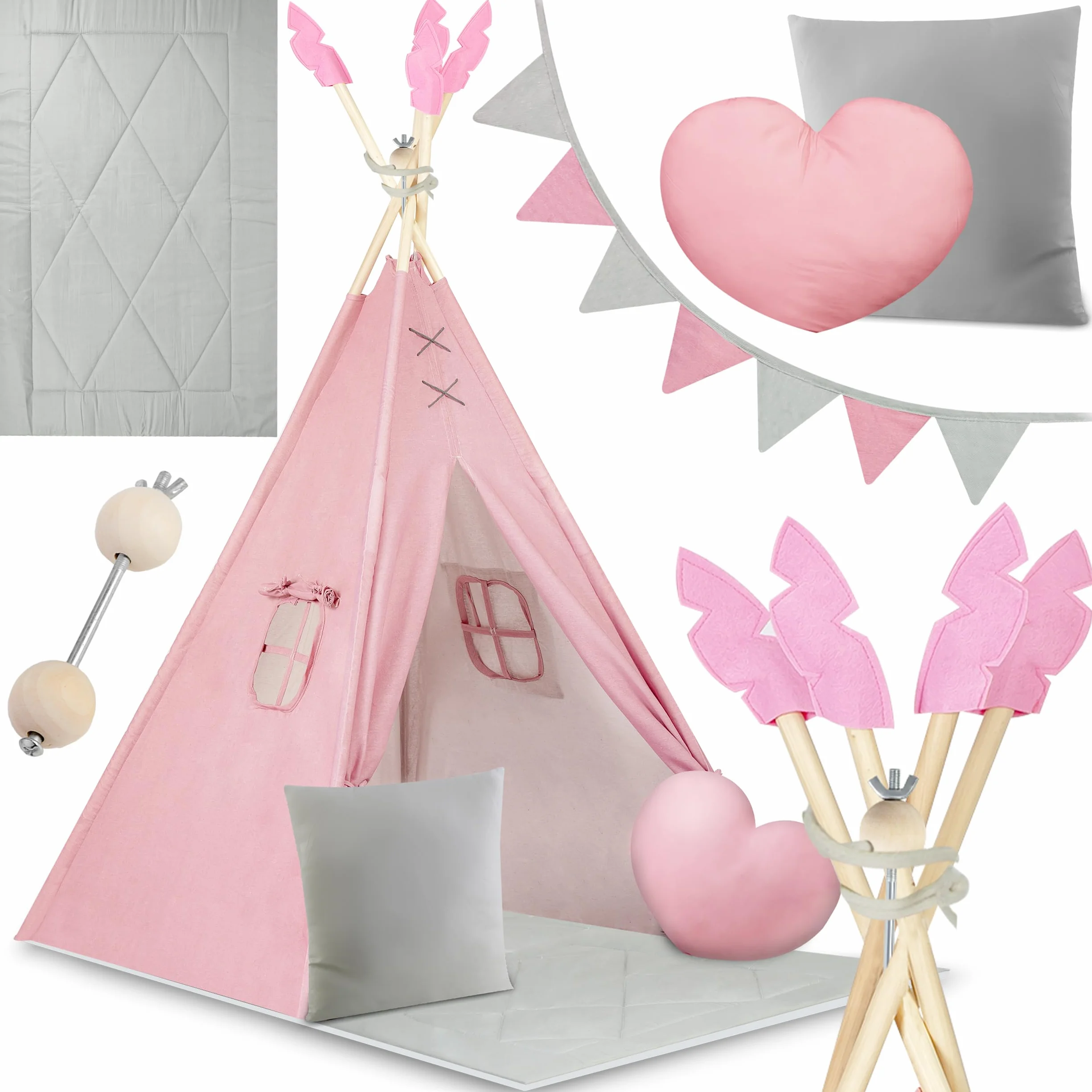Nukido namiot dla dzieci tipi teepee wigwam z girlandą, poduszkami, dużą matą i stabilizatorem różowo-szary