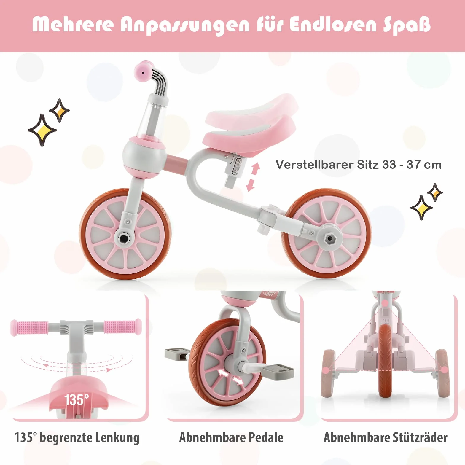 COSTWAY Rower trójkołowy dla dzieci 4 w 1, rower biegowy, rower balansowy i samochód przesuwny z regulowanym uchwytem przesuwnym i zdejmowanymi pedałami, dla dzieci od 1 roku życia (różowy)