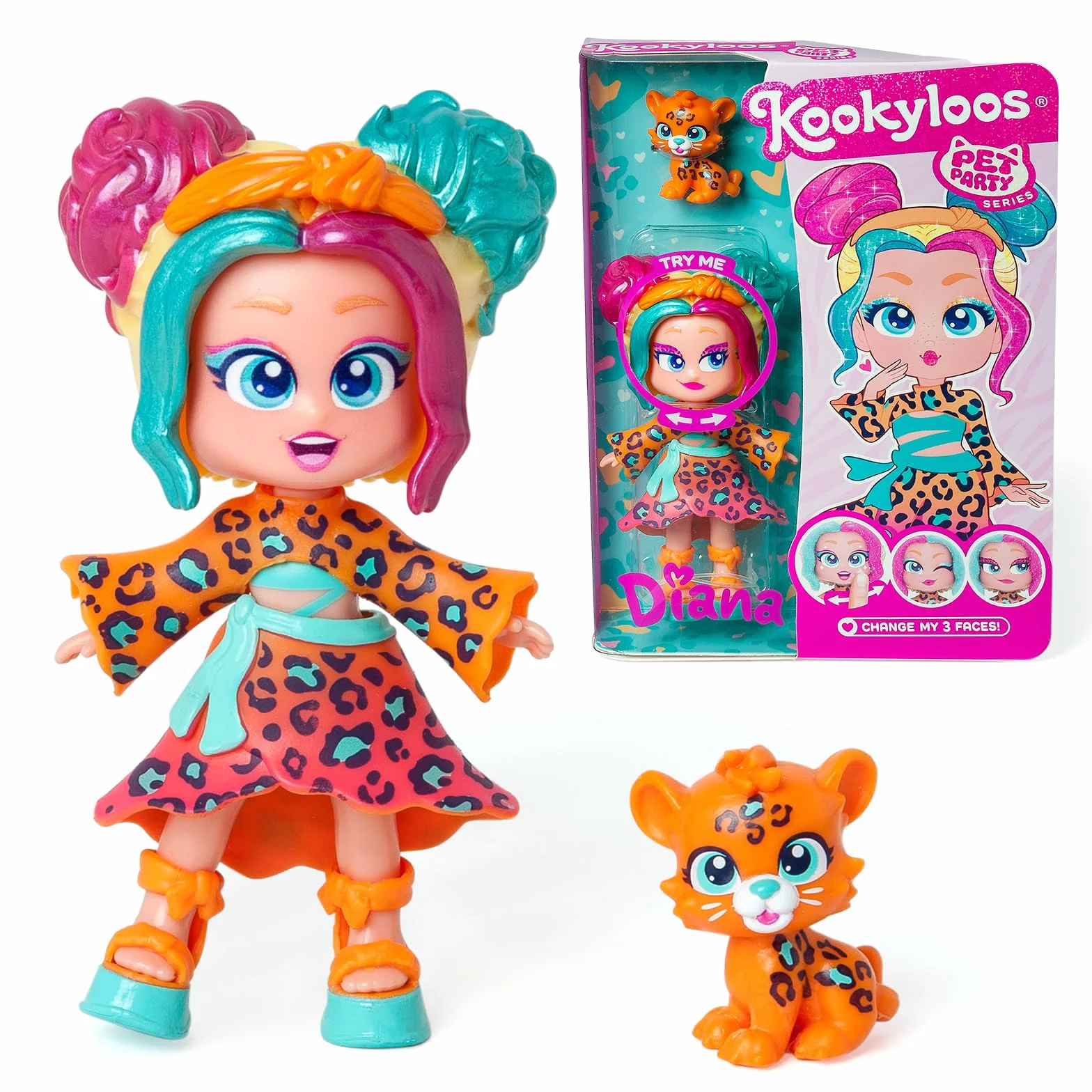 KOOKYLOOS Pet Party DIANA– Kolekcjonerska laleczka Diana ze swoim lampartem. Zawiera laleczkę Kookyloos Diana, 1 zwierzaka, modny strój, buty oraz akcesorium. 1 laleczka, 3 różne minki!