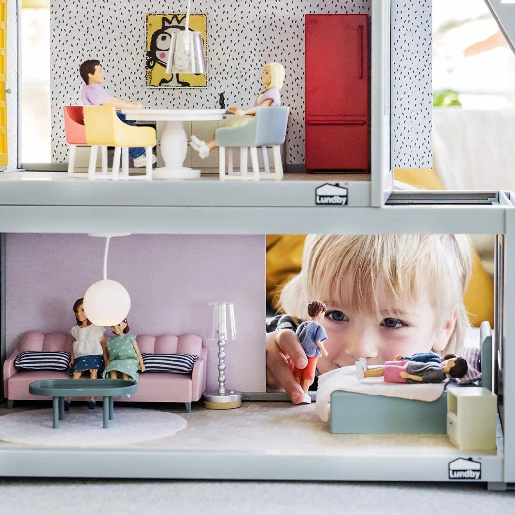 LUNDBY Domek dla lalek meble do jadalni, zestaw krzeseł stołowych – 5-częściowy zestaw akcesoriów do domku dla lalek mini 11 cm – wiek 4 +, skala 1:18