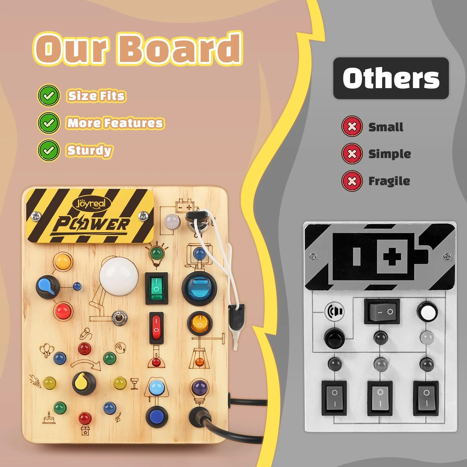 Joyreal Busy Board Baby Montessori zabawka dla dzieci od 1 roku życia, zabawka motoryczna z 19 diodami LED, zabawka sensoryczna, drewniana zabawka edukacyjna, prezent dla chłopców i dziewczynek od 1