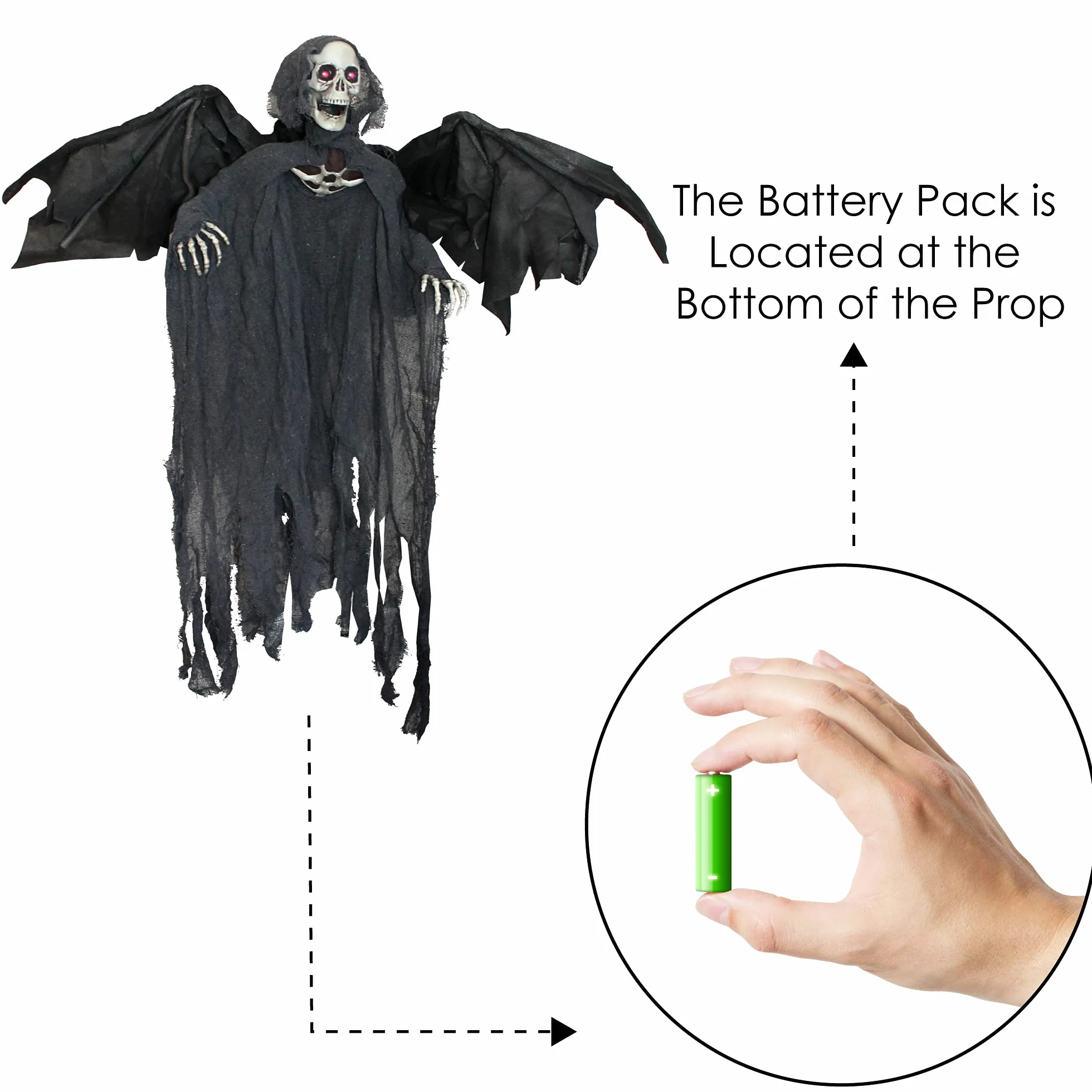 I LOVE FANCY DRESS LTD Ponure Reaper Halloween rekwizyt animowana dekoracja ze skrzydłami - czerwone świecące oczy i efekty dźwiękowe - Eerie Reaper z zmotoryzowanymi skrzydłami i głową - rekwizyty na Halloween, 1 opakowanie