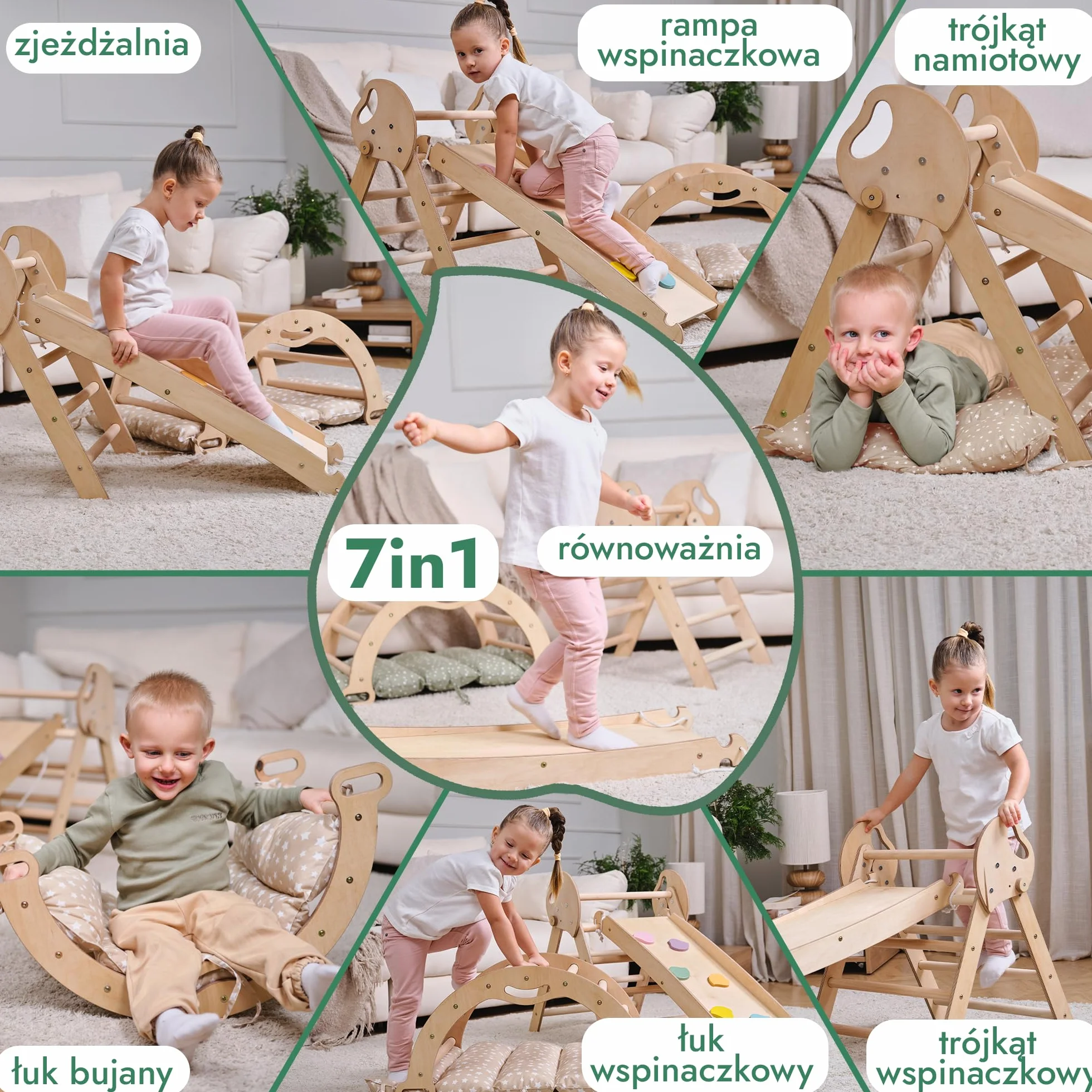Goodevas Montessori zestaw rusztowań wspinaczkowych 5 w 1: do wnętrz, trójkąt wspinaczkowy, łuk wspinaczkowy z poduszką i zjeżdżalnią dla dzieci, plac zabaw dla dzieci w wieku 1-3 lat