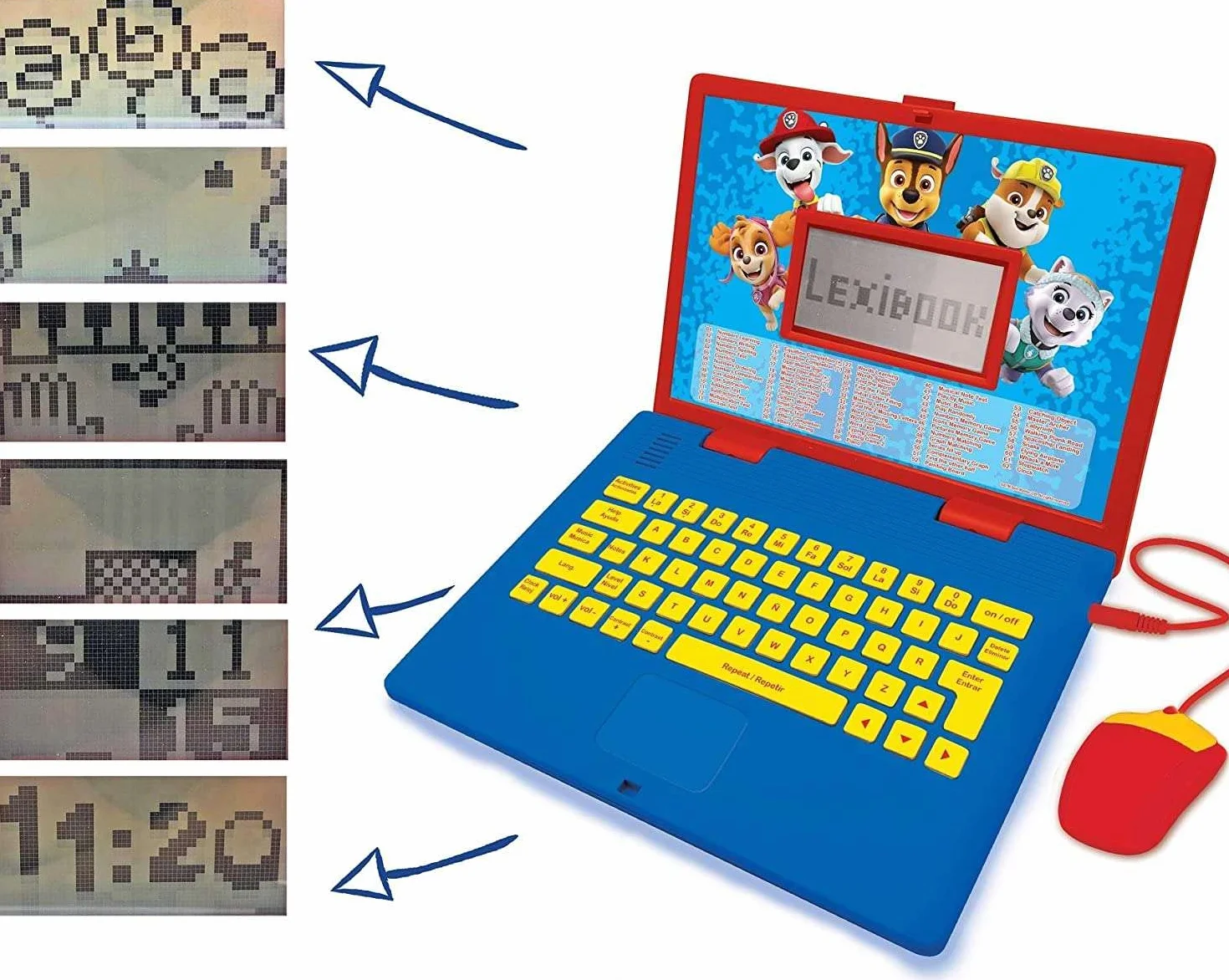 Lexibook Psi Patrol, Edukacyjny i Dwujęzyczny Laptop Hiszpański, Angielski, Zabawka dla Dziecka 124 Aktywności, Nauka Gry i Muzyki z Chase Marshall, Czerwony, Niebieski JC598PAi2,61 X 45,7 X 9,1 cm