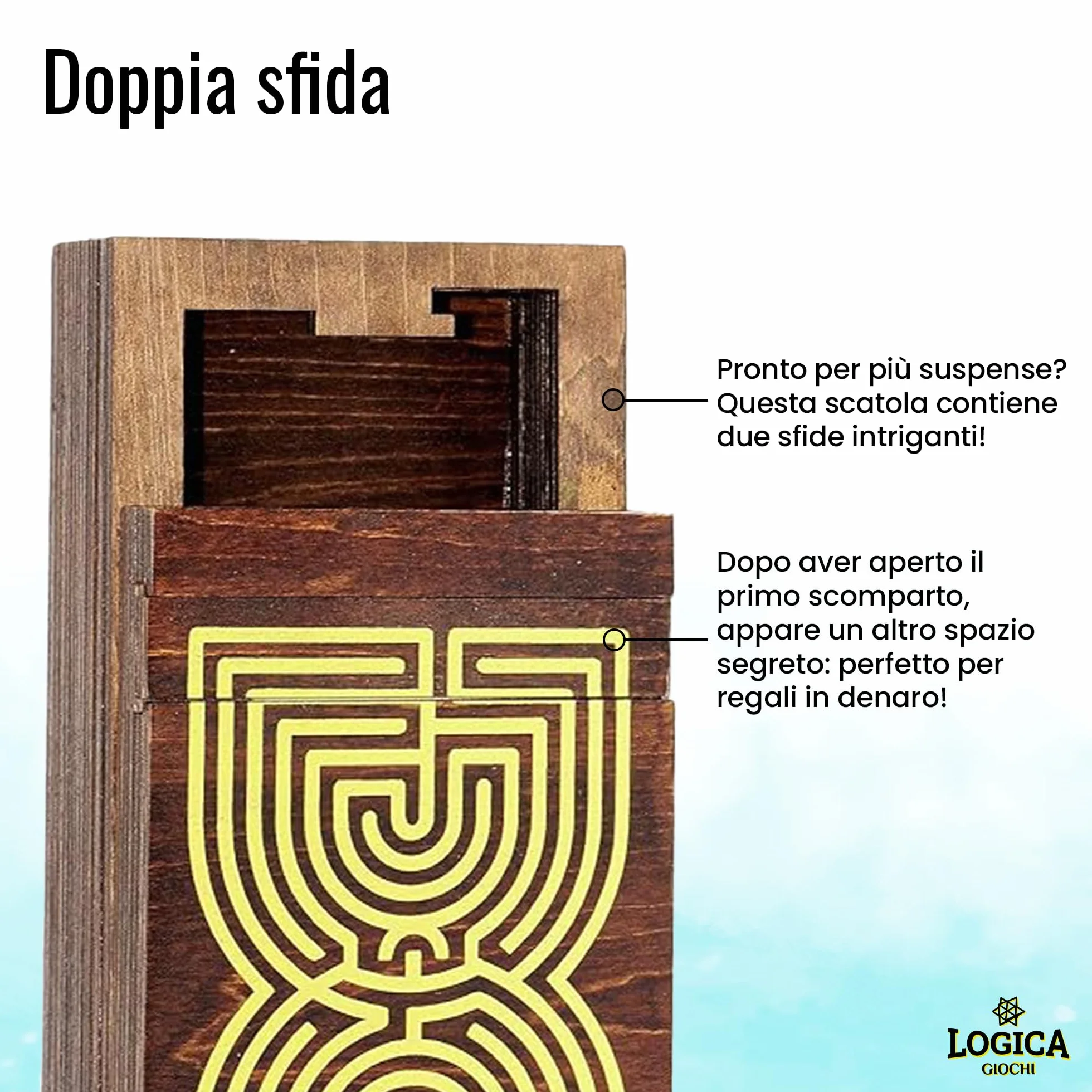 Logica Puzzles Art. Szkatułka Labiryntu - Sekretne Drewniane Pudełko - Trudność 5/6 Niesamowita - Kolekcja Leonardo da Vinci