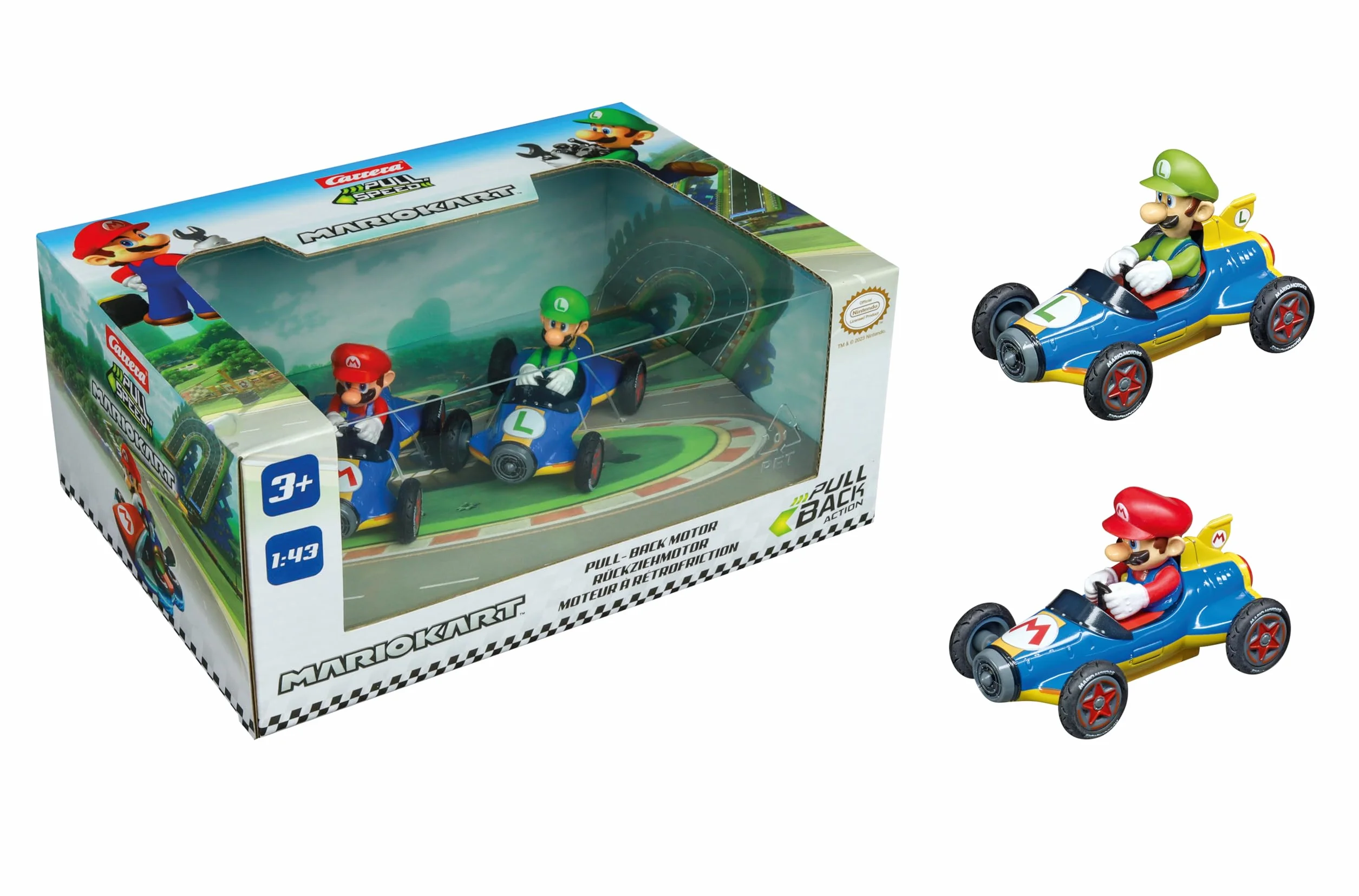 Pull & SPEED - 15813018 - Carrera Pull & Speed I Mario Kart - Mach8 Twinpack I Samochód wyścigowy I Pull and Speed Auto z silnikiem cofającym I Dla chłopców i dziewcząt od 6 lat i dorosłych I tor