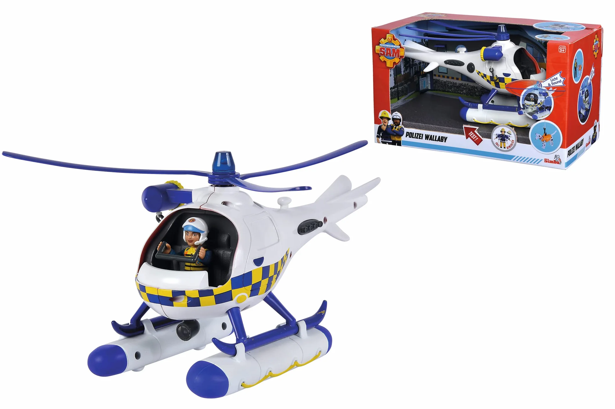 SIMBA 109252537038 Strażak Sam Wallaby Helikopter policyjny 17 cm, światło i dźwięk, ruchoma figurka Rose 7,5 cm i pies