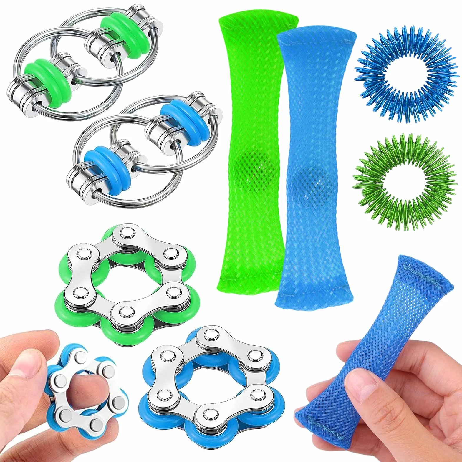 8-częściowy zestaw zabawek fidget, zabawka antystresowa, pierścień akupresury, łańcuszki do kluczy, łańcuszki rolkowe, zabawka antystresowa na palec dla dorosłych i dzieci