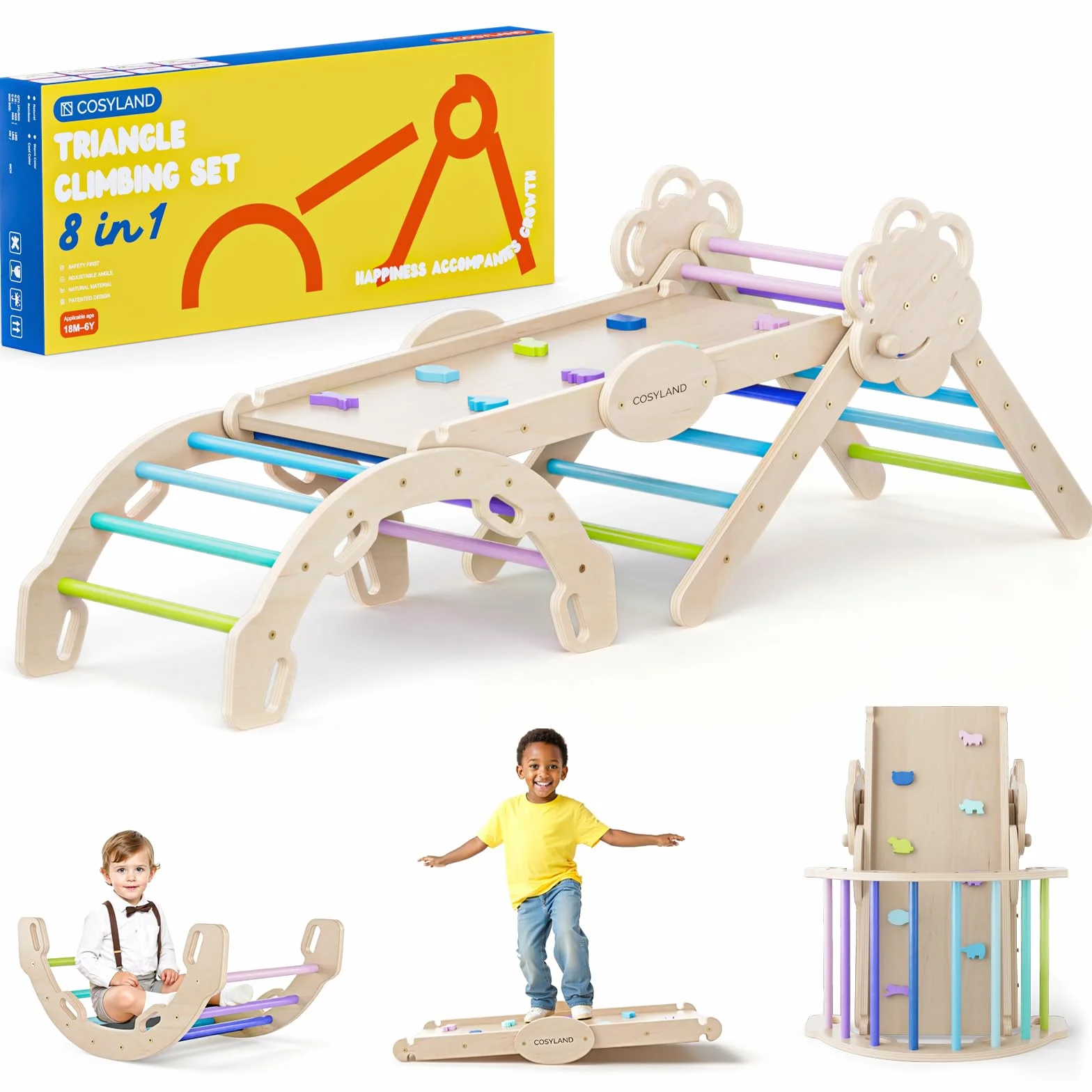 COSYLAND Montessori Rusztowanie do Wspinaczki – Trójkąt ze Zjeżdżalnią, Łukiem i Składaną Konstrukcją, Stabilny Zestaw do Zabawy w Domu dla Dzieci 18M–6L, Duży, Naturalny/Zimne Kolory