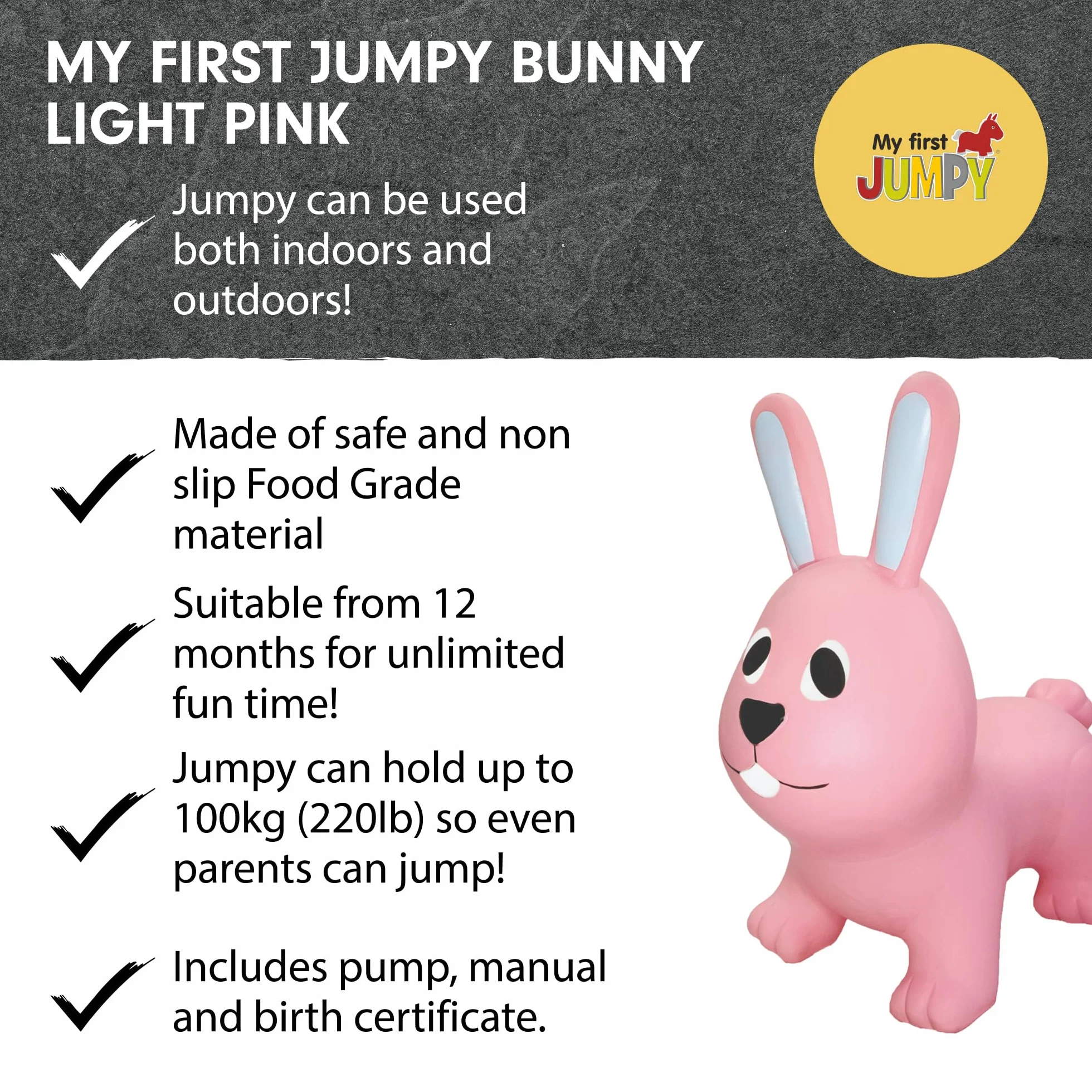 Gerardo's Toys Jumpy Zwierzęta do skakania zając jasnoróżowe ok. 58 cm – skaczące zwierzęta od 1 roku życia – nadmuchiwane zwierzęta do użytku wewnątrz i na zewnątrz – w zestawie pompka