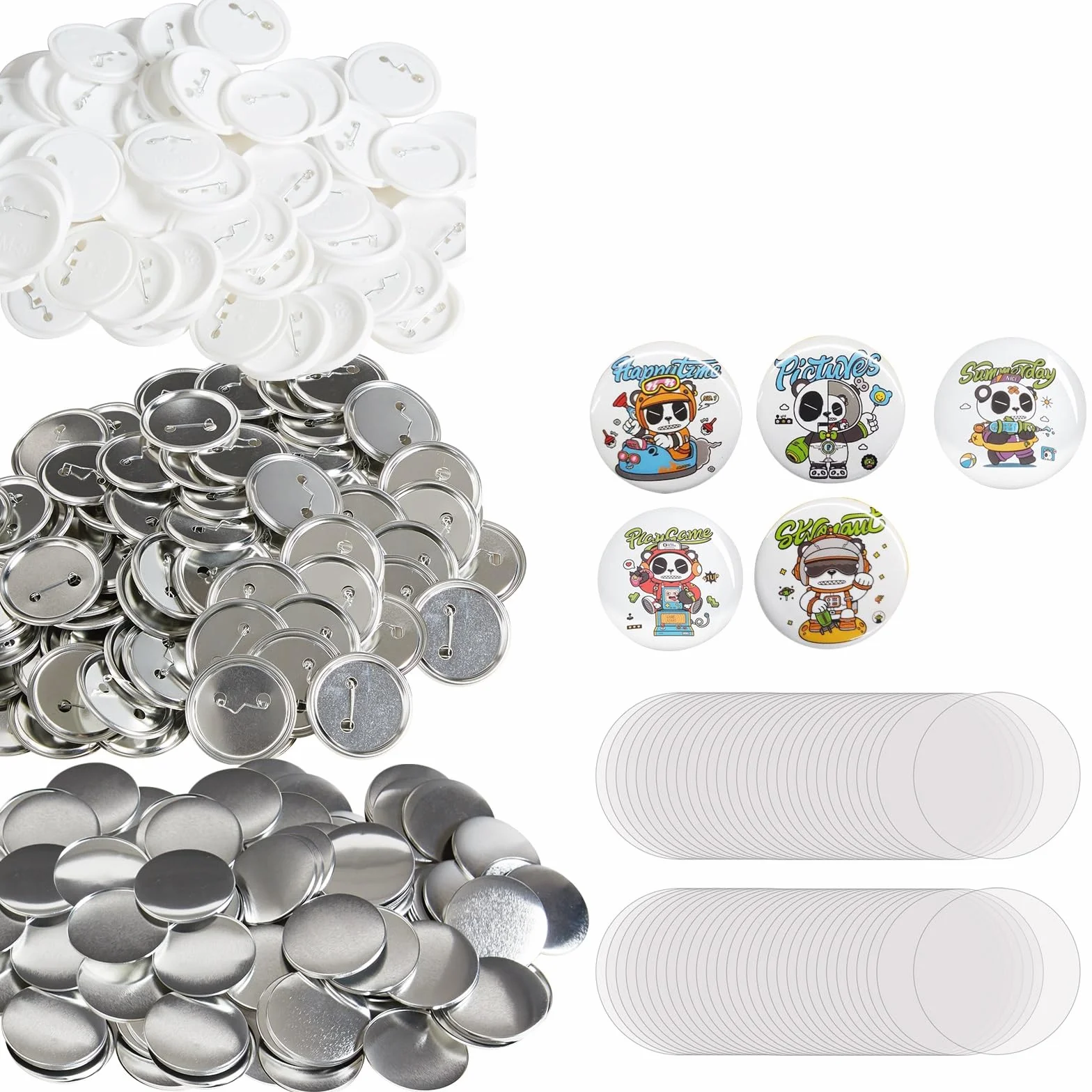 VEVOR 500 zestawów 5,7cm 58mm części do przypinania guzików,okrągłe części do przypinania guzików,zestaw zawiera metalową górę,przezroczystą folię,guzik i pusty papier na,maszyna NIE jest dołączona
