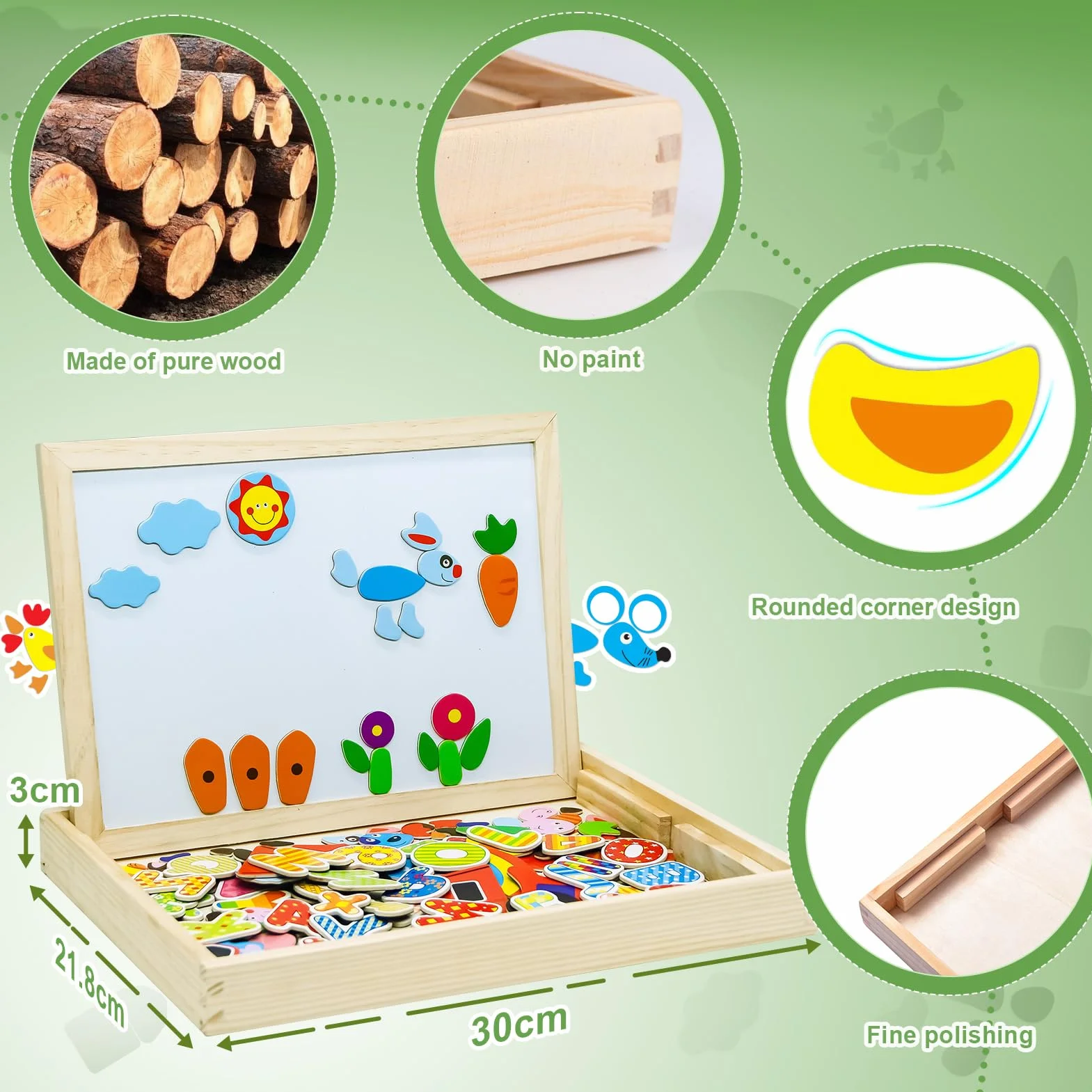 Uping Drewniane puzzle magnetyczne, sztalugi, dwustronna, tablica, drewniana deska Doodle, 155 sztuk, dla dzieci od 3 lat, gospodarstwo rolne
