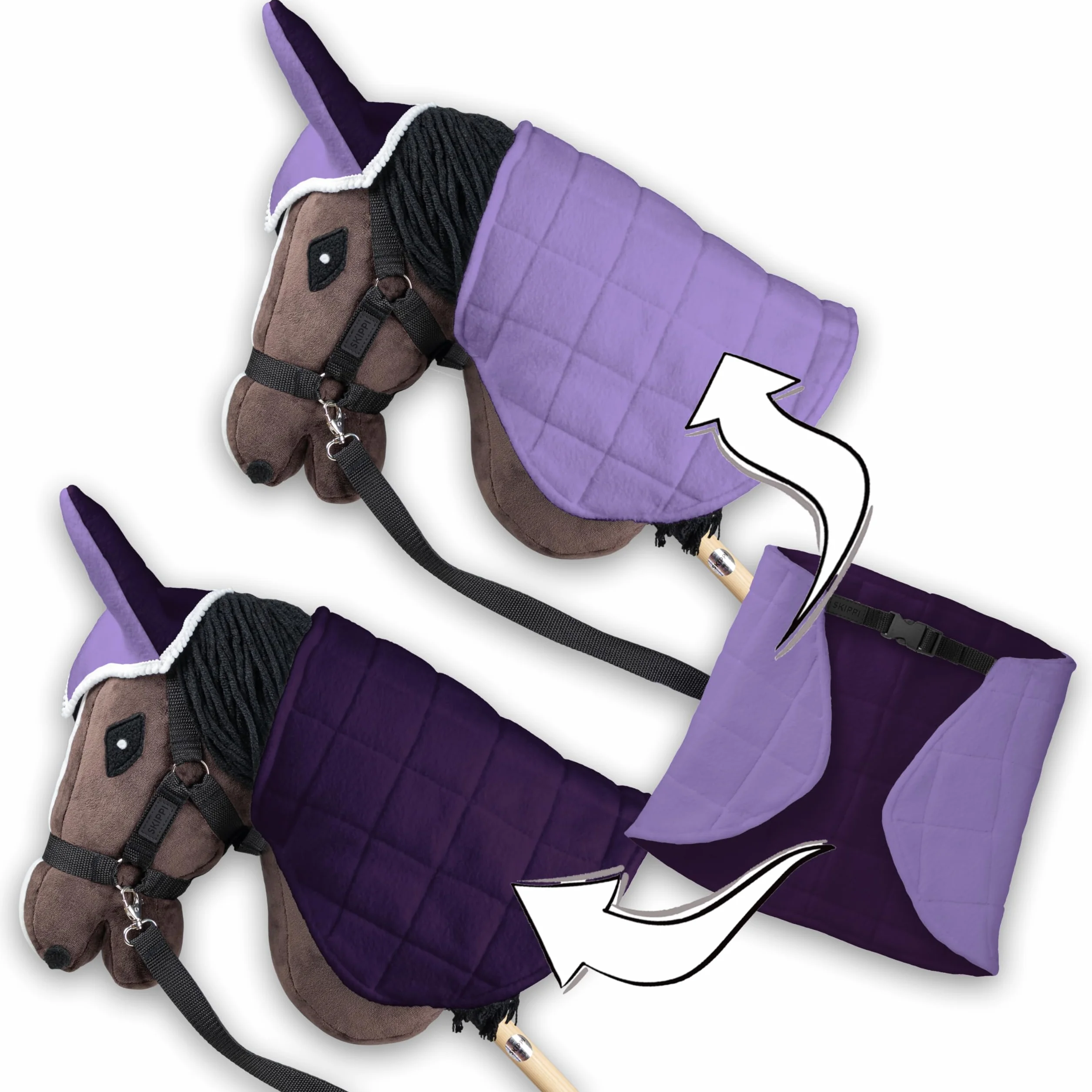 SKIPPI Zestaw Nauszniki i Derka dla Hobby Horse - Wrzos i Śliwka, Dwustronna Derka z Polaru, Hobby Horse Akcesoria, Regulowane Zapięcie na Szyi, dla Koni na Kiju A3 i A4