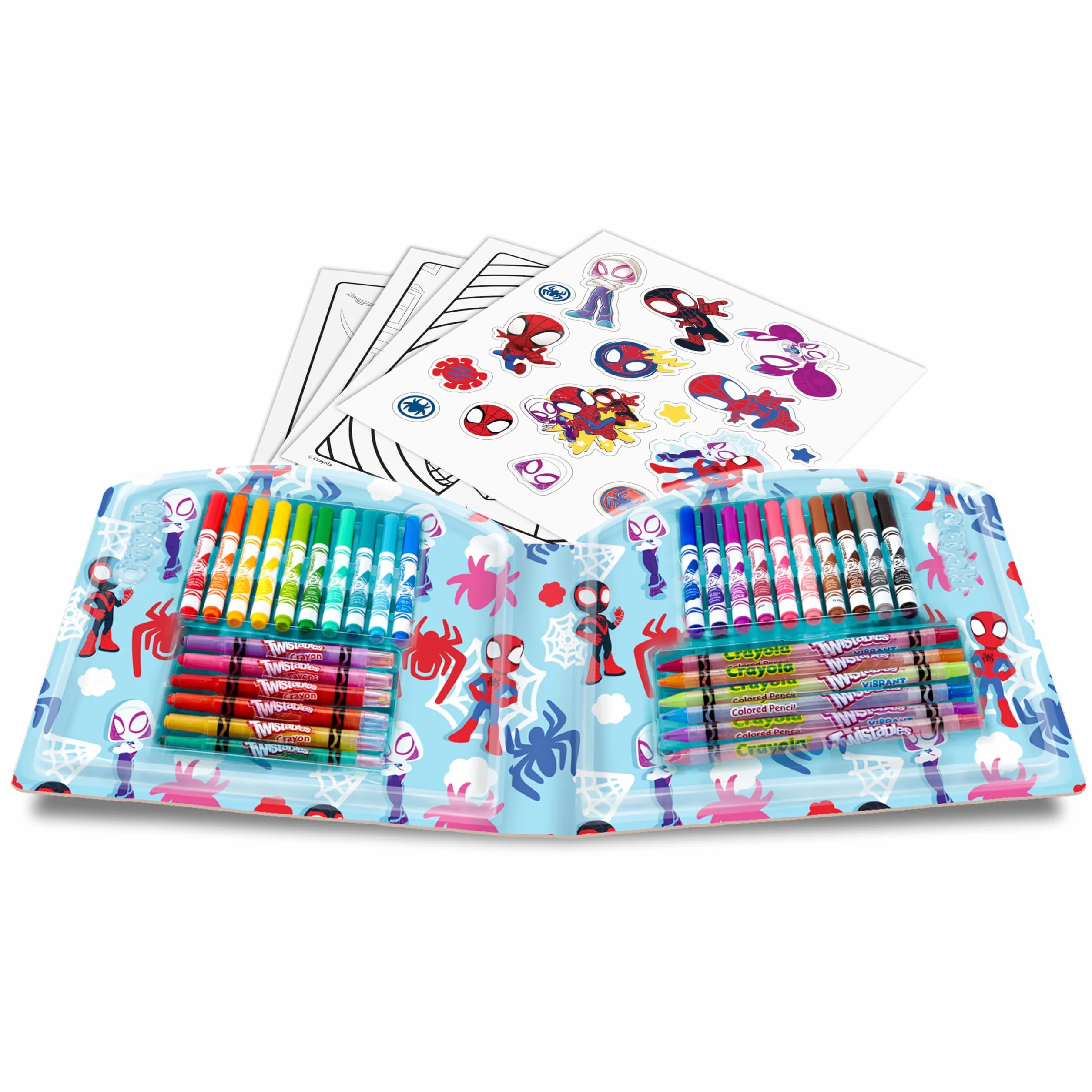Crayola - Walizka kreatywna Spidey, 40 elementów, przenośny zestaw do kolorowania zawierający zmywalne flamastry, kredki ołówkowe, kredki świecowe, strony do kolorowania i naklejki, 04-4017