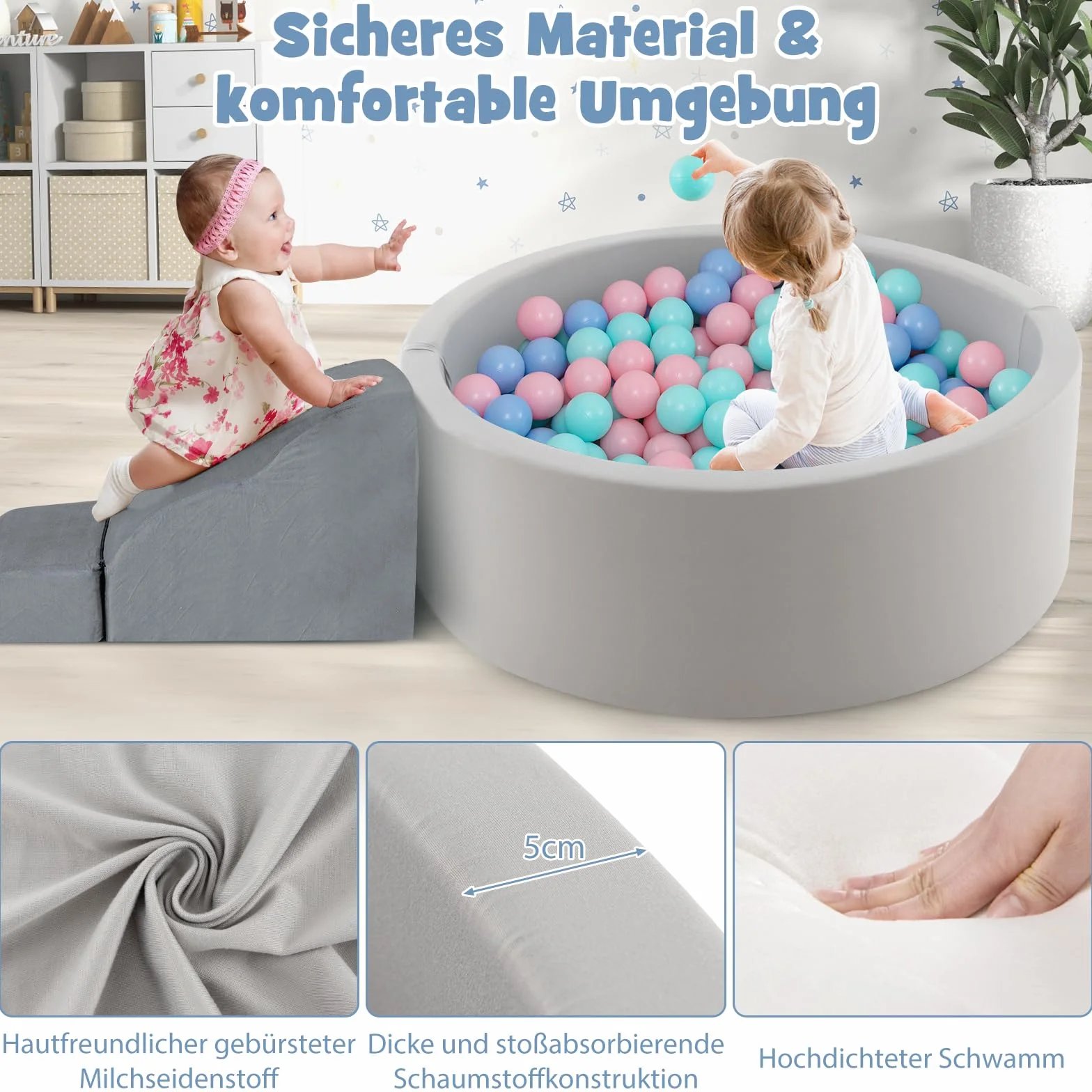 COSTWAY Basen z piłkami z 200 piłkami, basen z piłkami 90 x 30 cm, w zestawie zdejmowana mata podłogowa i poszewka nadająca się do prania w pralce, okrągłe doły z piłkami, grubość 5 cm, szary