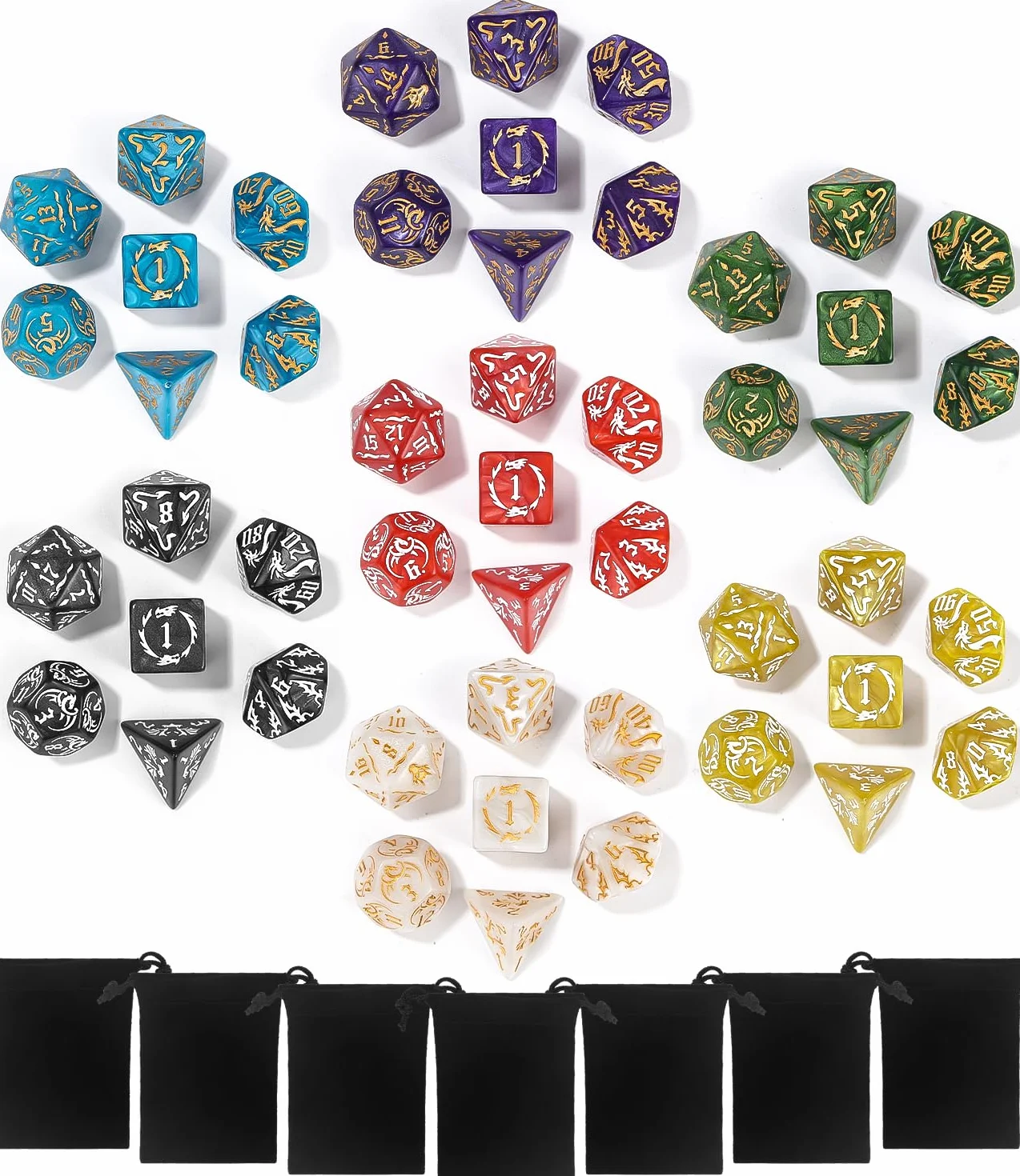 Wielościenne Kości do Gier 7 x 7 (49 szt.) Zestaw Błyszczące z 7 Czarnymi Workami D4 D8 D10 D12 D20 do Dungeons & Dragons RPG MTG DND
