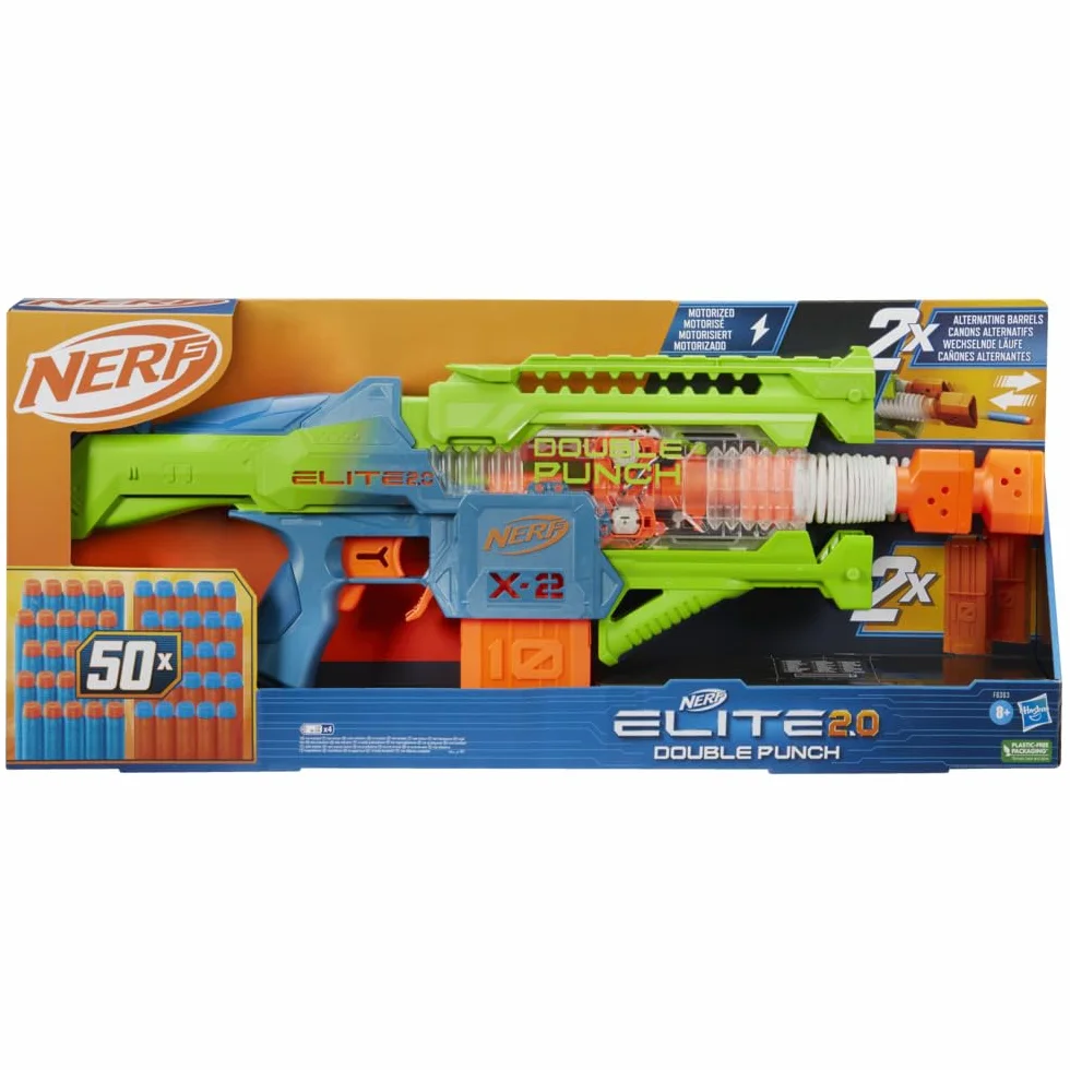 Zautomatyzowana wyrzutnia strzałek Nerf Elite 2.0 Double Punch, szybko zmieniające się lufy, 50 strzałek Nerf Elite, dwa 10-strzałkowe magazynki, wiek: od 8 lat