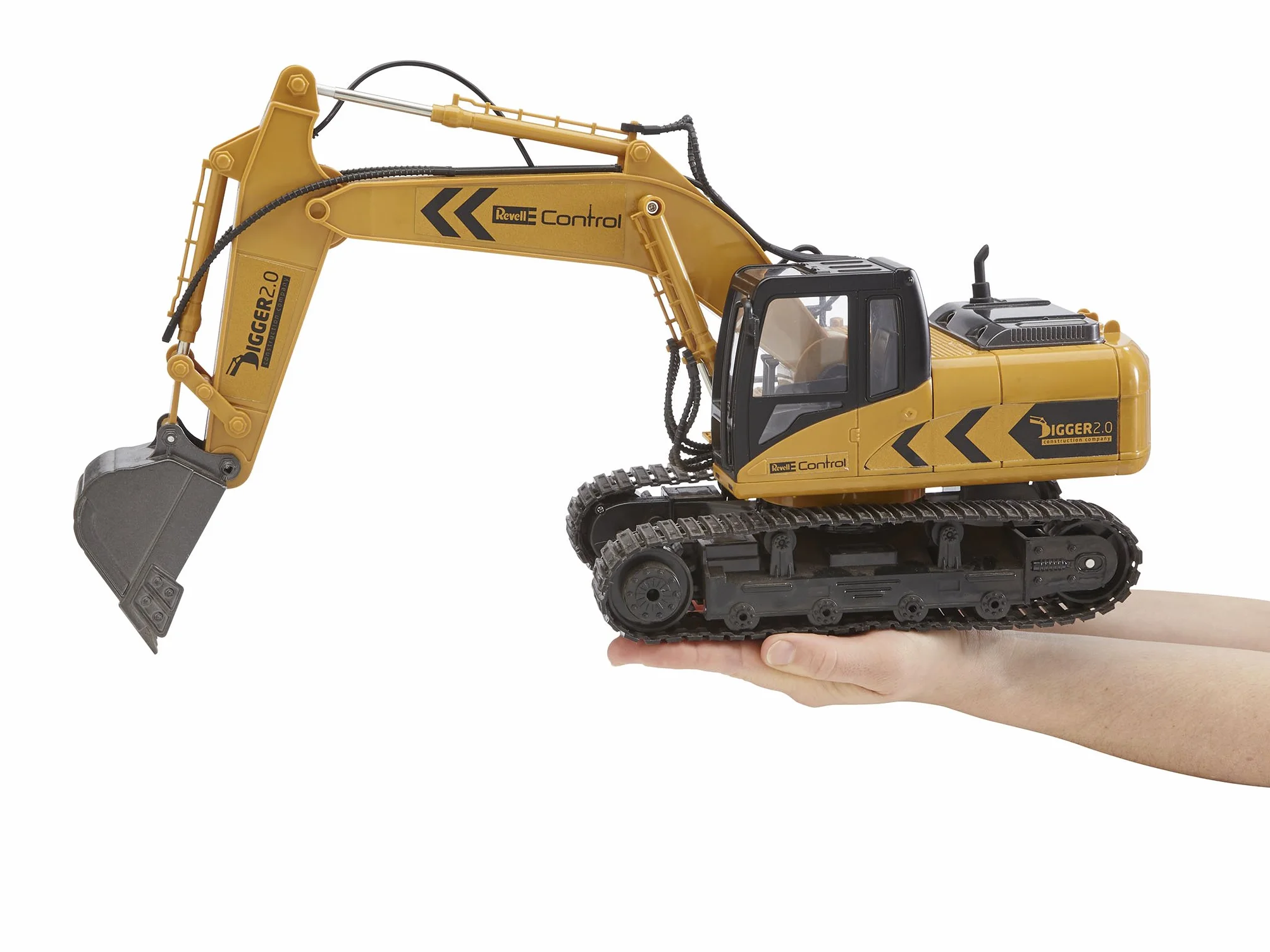 Revell Control 24924 RC koparka gąsienicowa Digger 2.0, napęd łańcuchowy, wymienna szufla i chwytak do drzew, nadaje się do użytku na zewnątrz, zdalnie sterowana koparka z akumulatorem, 2,4 GHz, żółta