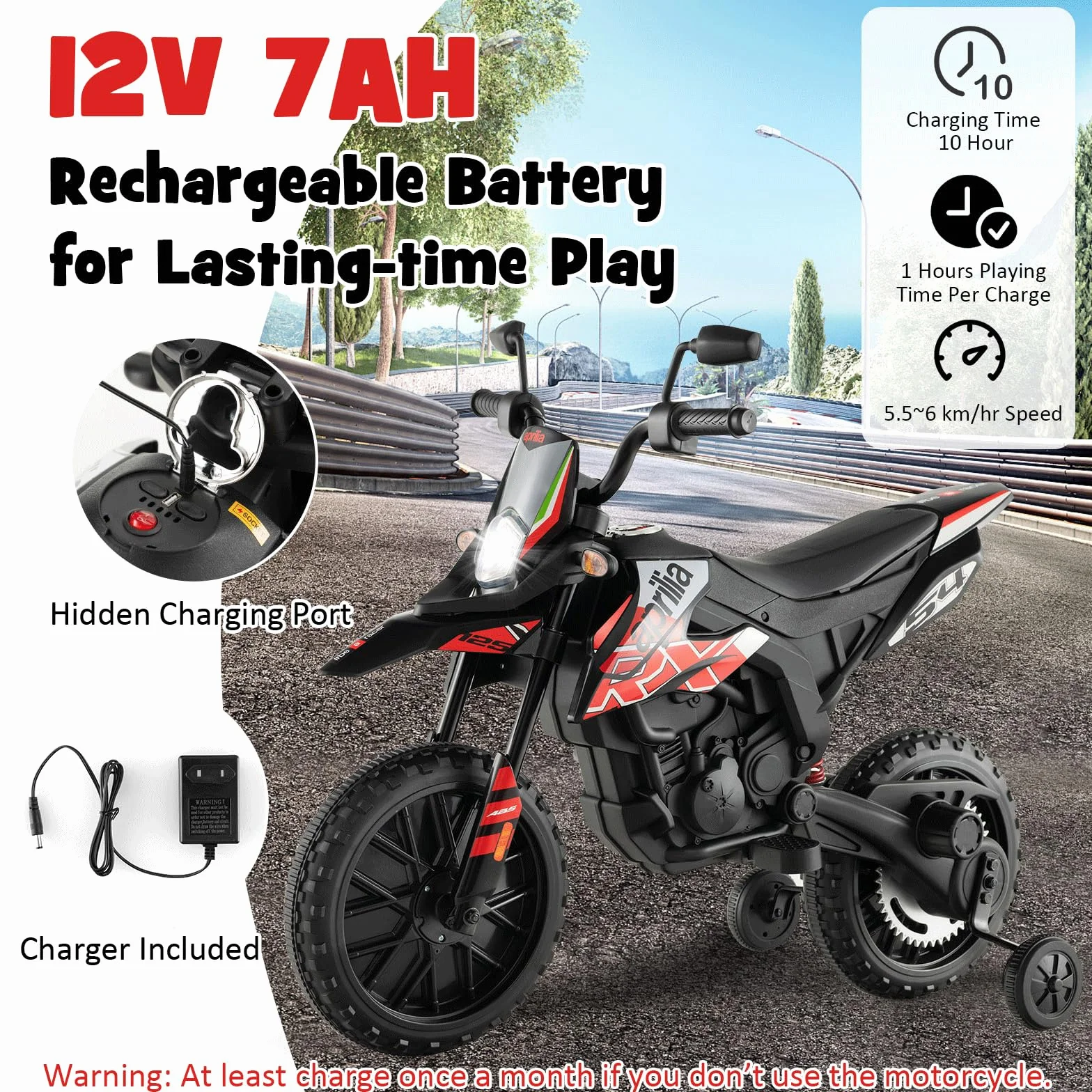 GOPLUS elektryczny motocykl Aprilia 12 V, 2 kółka podporowe i reflektory, muzyka dla dzieci 3-8 lat, pojazd z silnikami i amortyzatorami