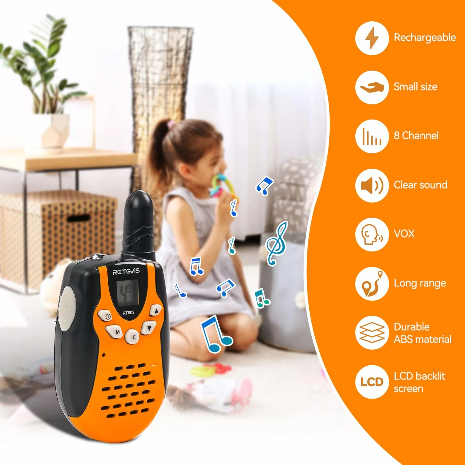 Retevis RT602 Kids Walkie Talkies Akumulator PMR446 8-kanałowy Latarka VOX Dzieci Walkie Talkie z bateriami litowo-jonowymi i ładowarką (pomarańczowy, 1 para)