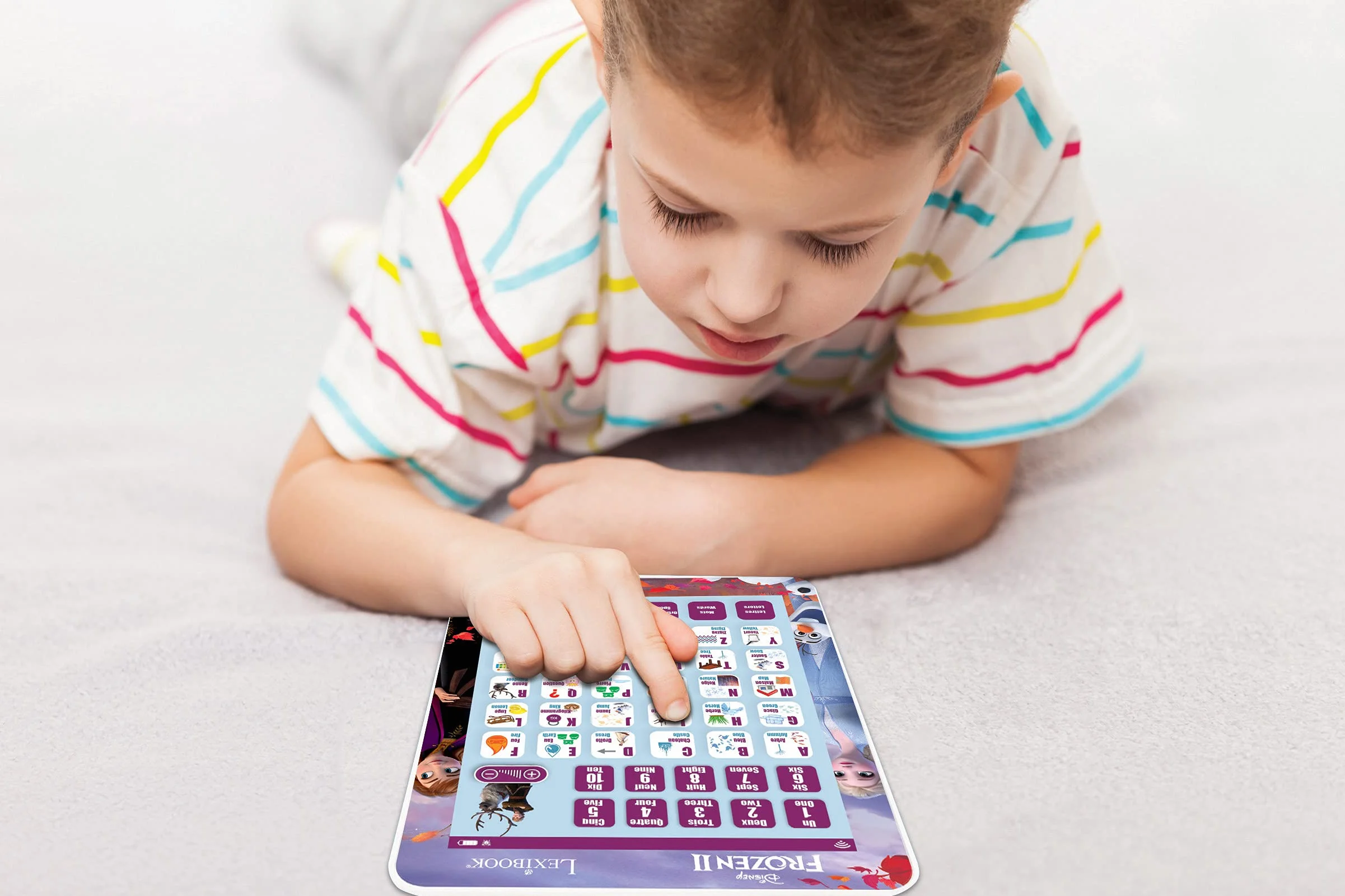 Lexibook, Kraina Lodu, Edukacyjny Dwujęzyczny Tablet do Nauki, Nauka Liter, Cyfr Słów Pisowni i Muzyki, Angielski, Francuski, Fioletowy, JCPAD002FZi1
