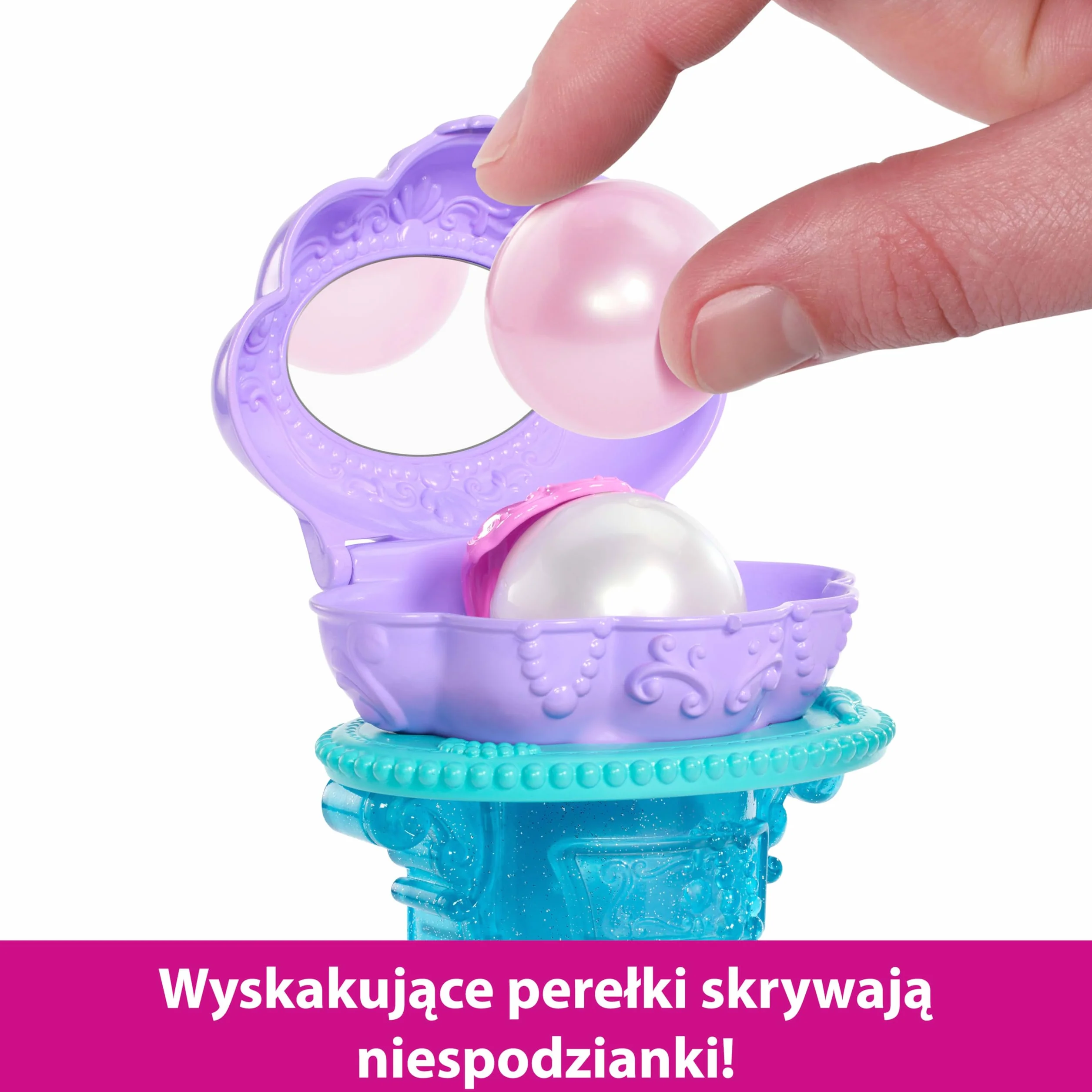 Mattel Księżniczka Disneya Arielka Muszelkowa toaletka Zestaw, lalka syrenka ze zdejmowanym ogonem, toaletka i 5 „perełek” z niespodziankami, JBF86