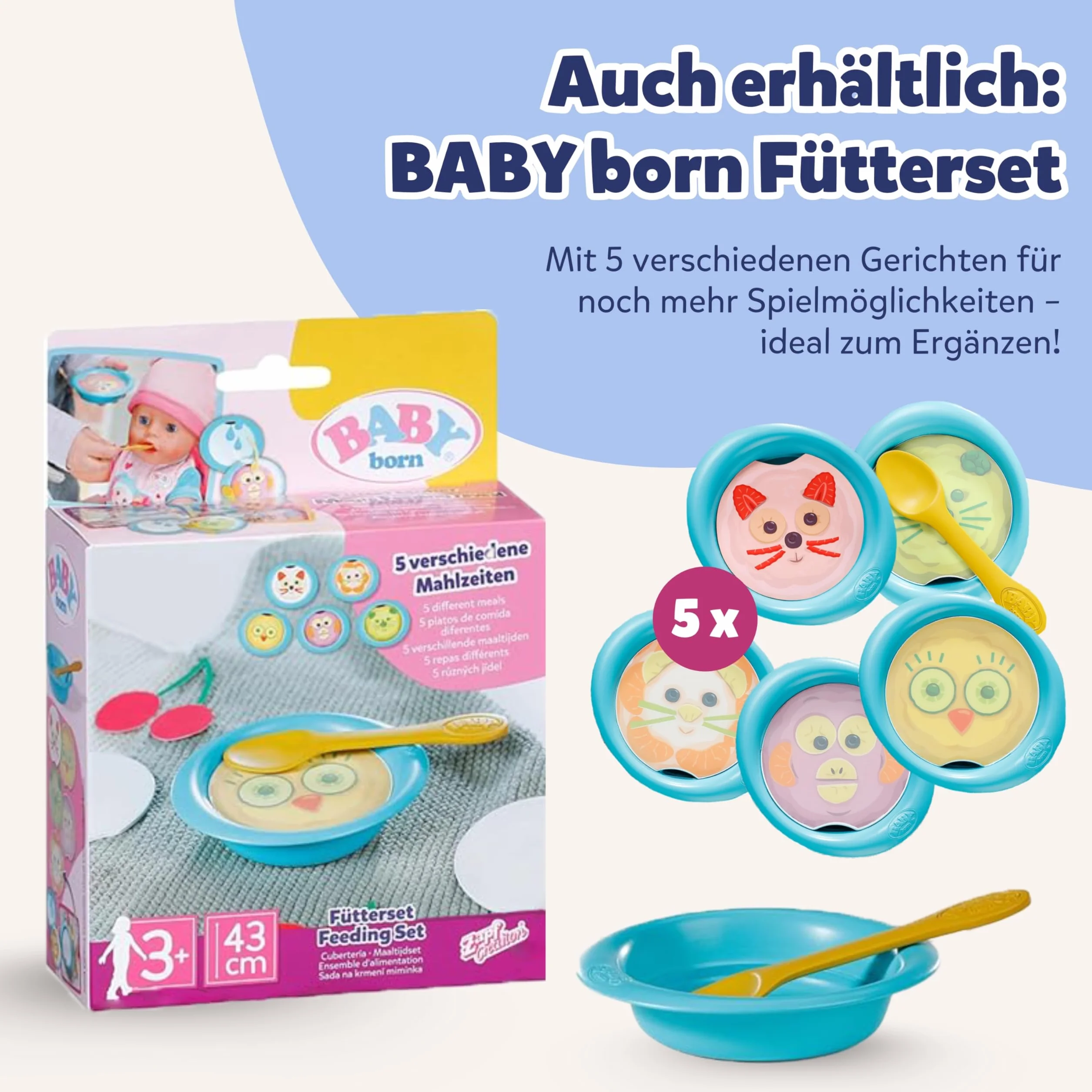 BABY born Stół do karmienia z funkcją oświetlenia i dźwięku, z ponad 10 różnymi potrawami i napojami, dla lalek 43 cm, 840634 Zapf Creation