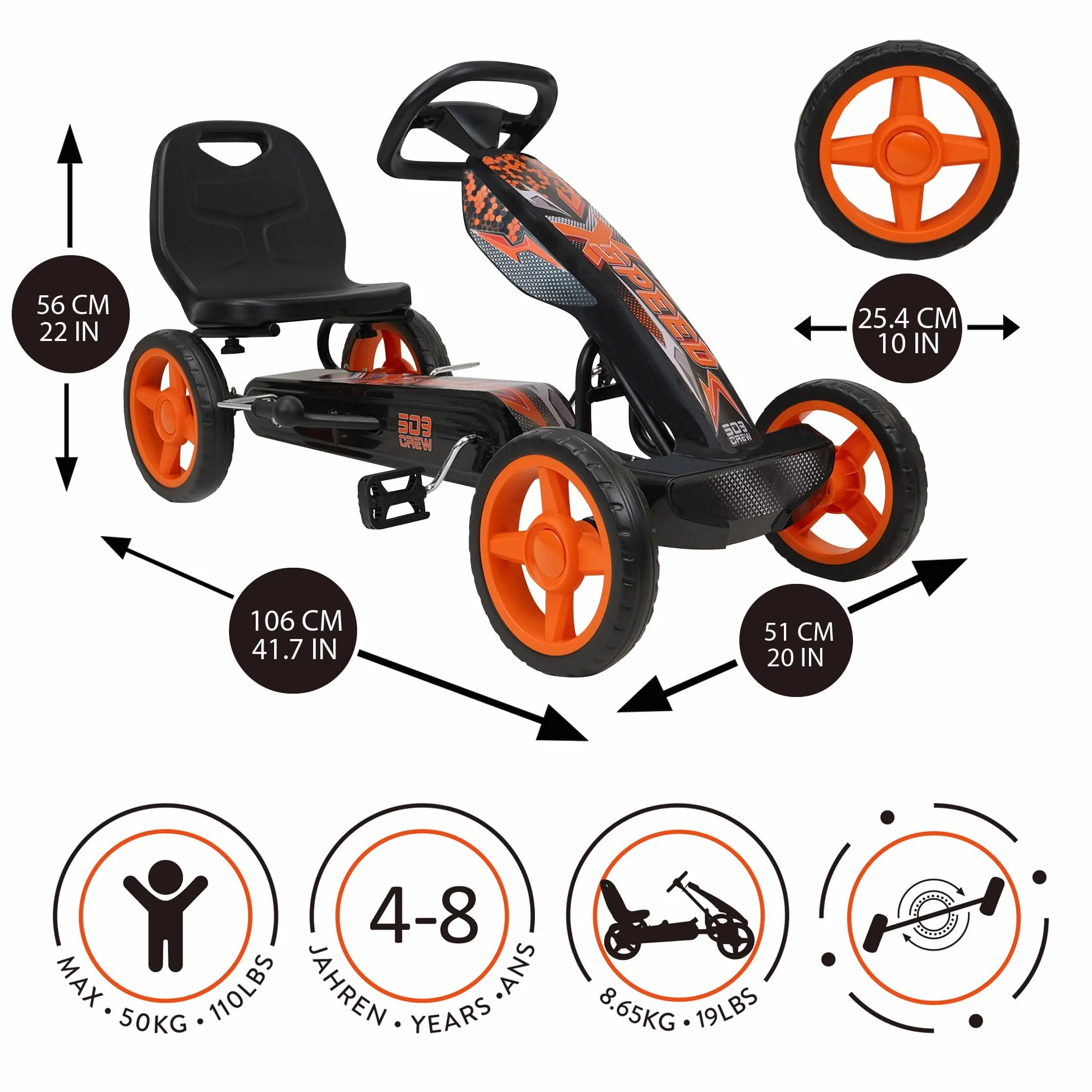 Crew XSpeed gokart pomarańczowy 4-szprychowe koła Ø 25 cm hamulec ręczny od 4 lat