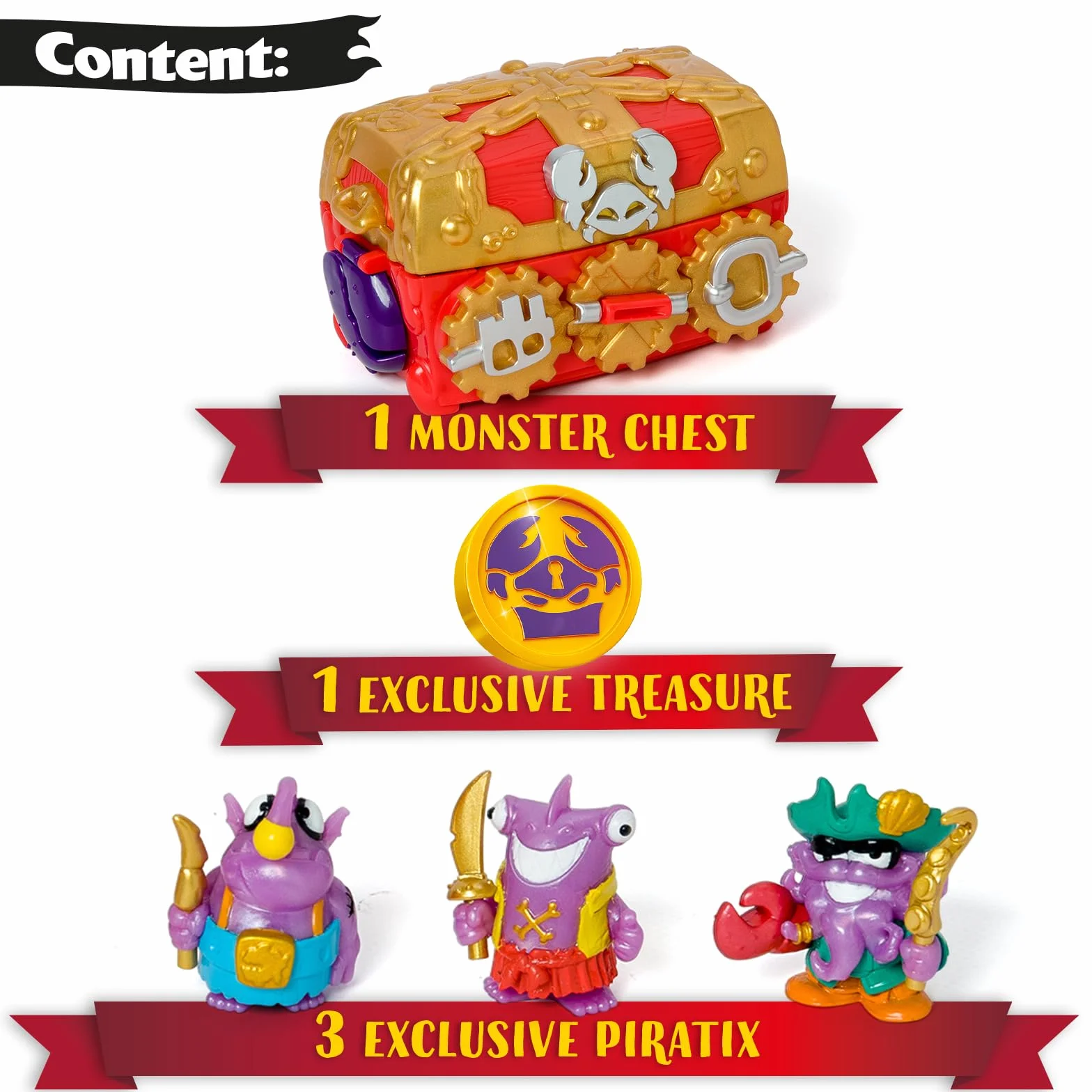 PIRATIX ADVENTURE WORLD Monster Treasure - skrzynia skarbów z ukrytym potworem w środku, w zestawie 1 skrzynia, 3 ekskluzywne piratix, 1 ekskluzywne skarby i 3 akcesoria