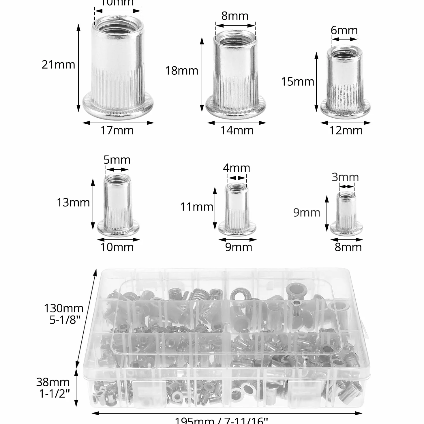 QWORK® 250 sztuk nitonakrętek ze stali nierdzewnej 304, zestaw 6 rozmiarów, M3, M4, M5, M6, M8, M10