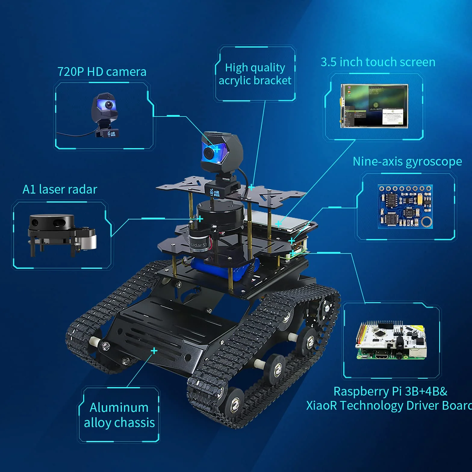 AI Raspberry Pi 4B Robot Kit z radarem ROS SLAM Smart Car Robotic Tank Buduj mapy samodzielną nawigację śledzenie rozpoznawania obiektów (czarny, Raspberry Pi 4B 4GB)