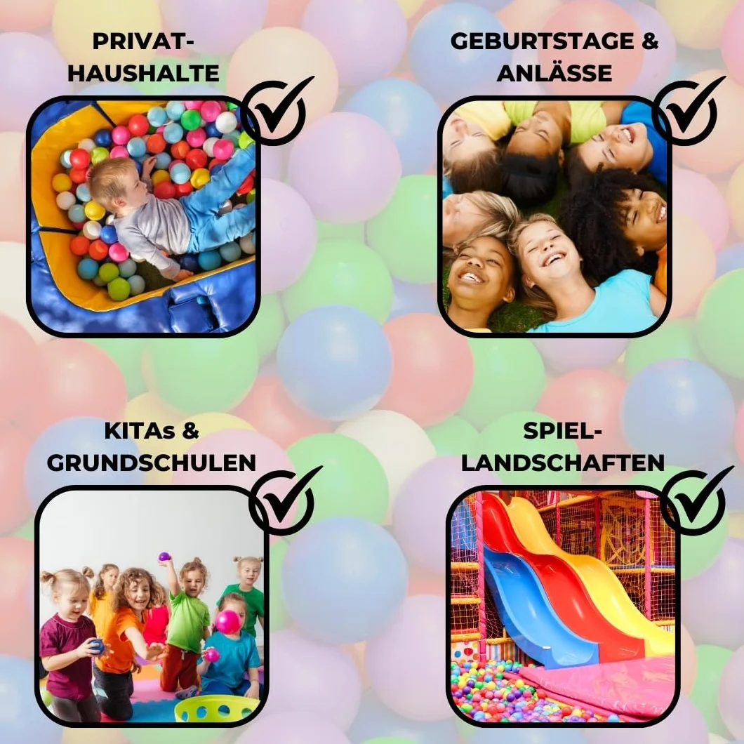 EKNA Spielbälle Ø 5cm - Bällebad Bälle 200 Stück - Bunte Auswahl für Bällebad-Pool - Plastikbälle Baby-Bälle Farben Hellgrün Hellblau Gelb Rosa Weiß Lila