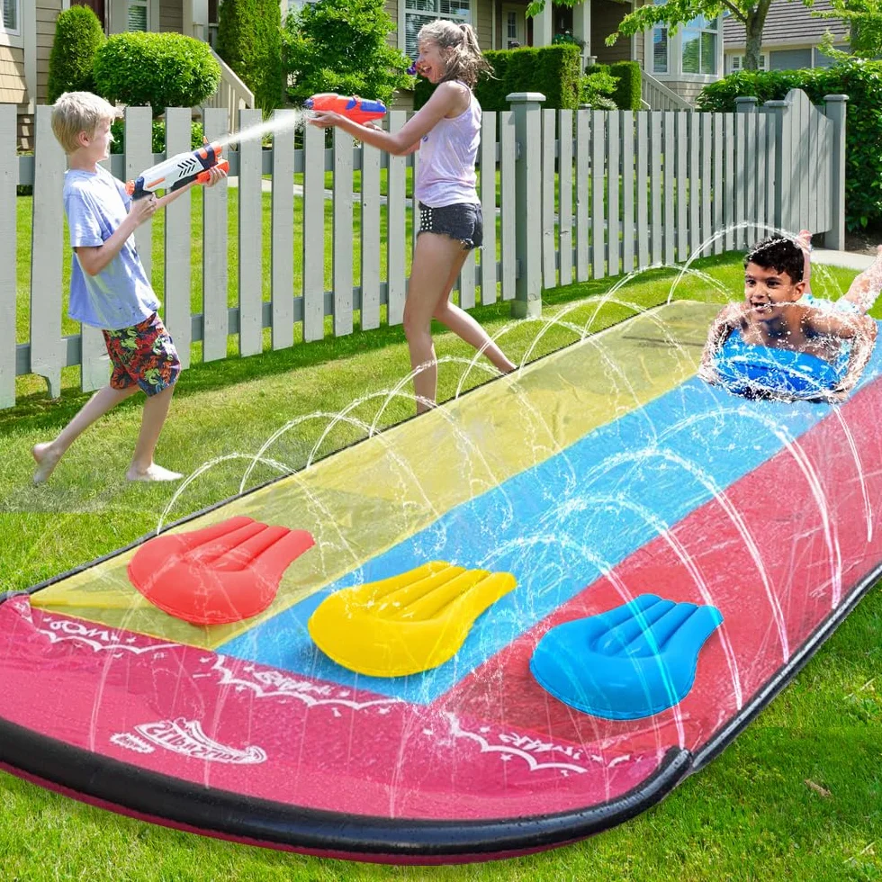 Zjeżdżalnia ogrodowa dla dzieci, 480 x 210 cm, Slide Triple z 3 bodyboardami, 5 łatkami naprawczymi, potrójna zjeżdżalnia ogrodowa na lato, do zabawy na świeżym powietrzu w ogrodzie, dla dzieci