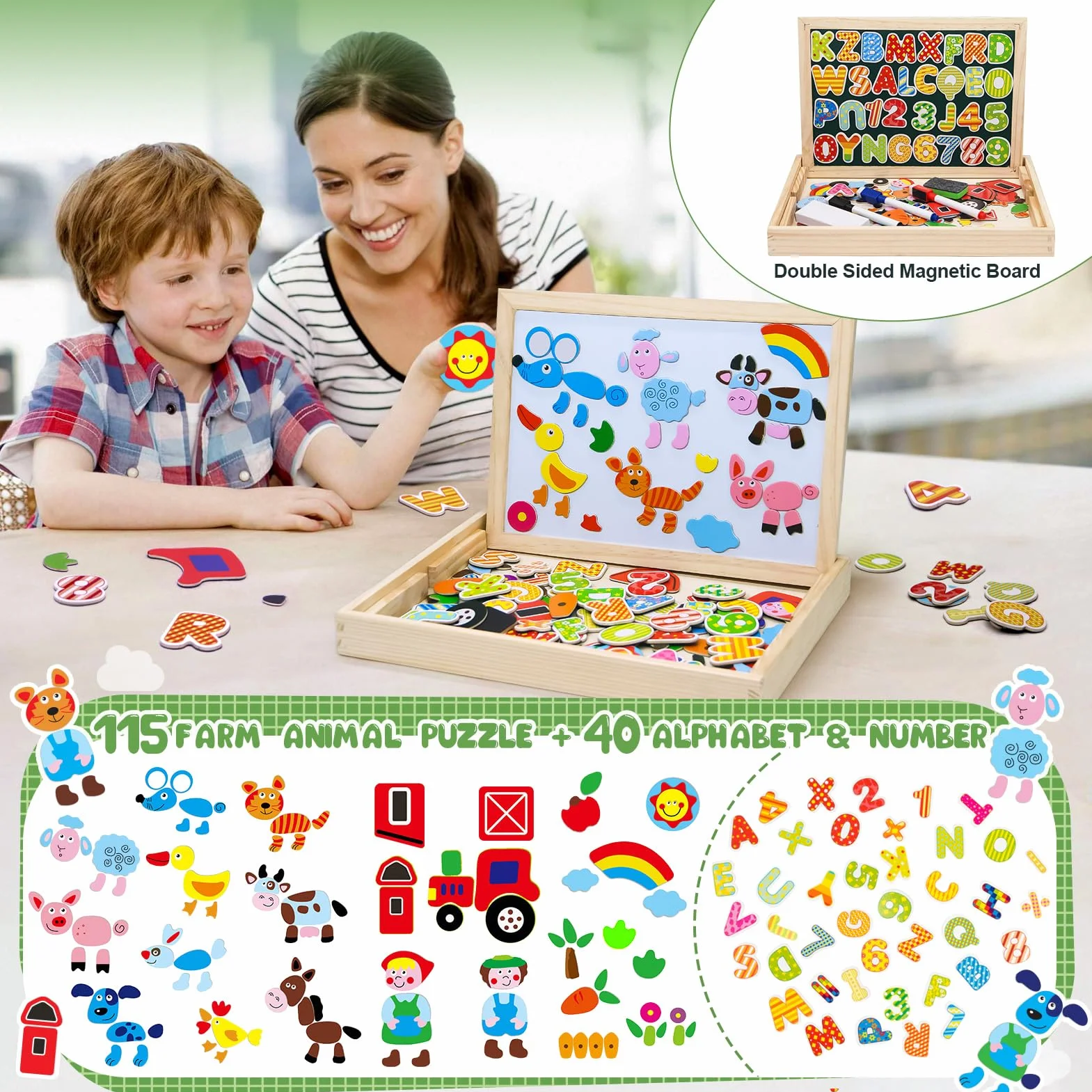 Uping Drewniane puzzle magnetyczne, sztalugi, dwustronna, tablica, drewniana deska Doodle, 155 sztuk, dla dzieci od 3 lat, gospodarstwo rolne