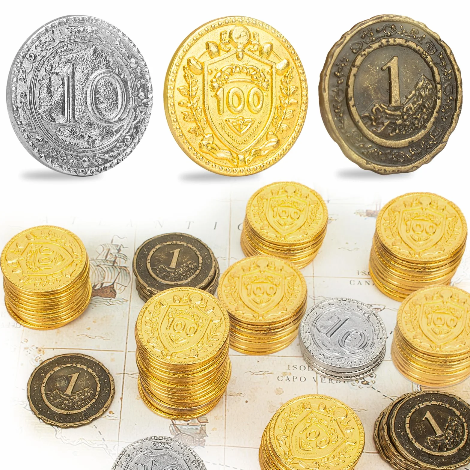 Byhoo 50 metalowych monet DND, 3 cm złote srebrne miedziane żetony o wartości nominalnej do gier planszowych i RPG stołowych, fantastyczne metalowe monety na piracką grę imprezę cosplay