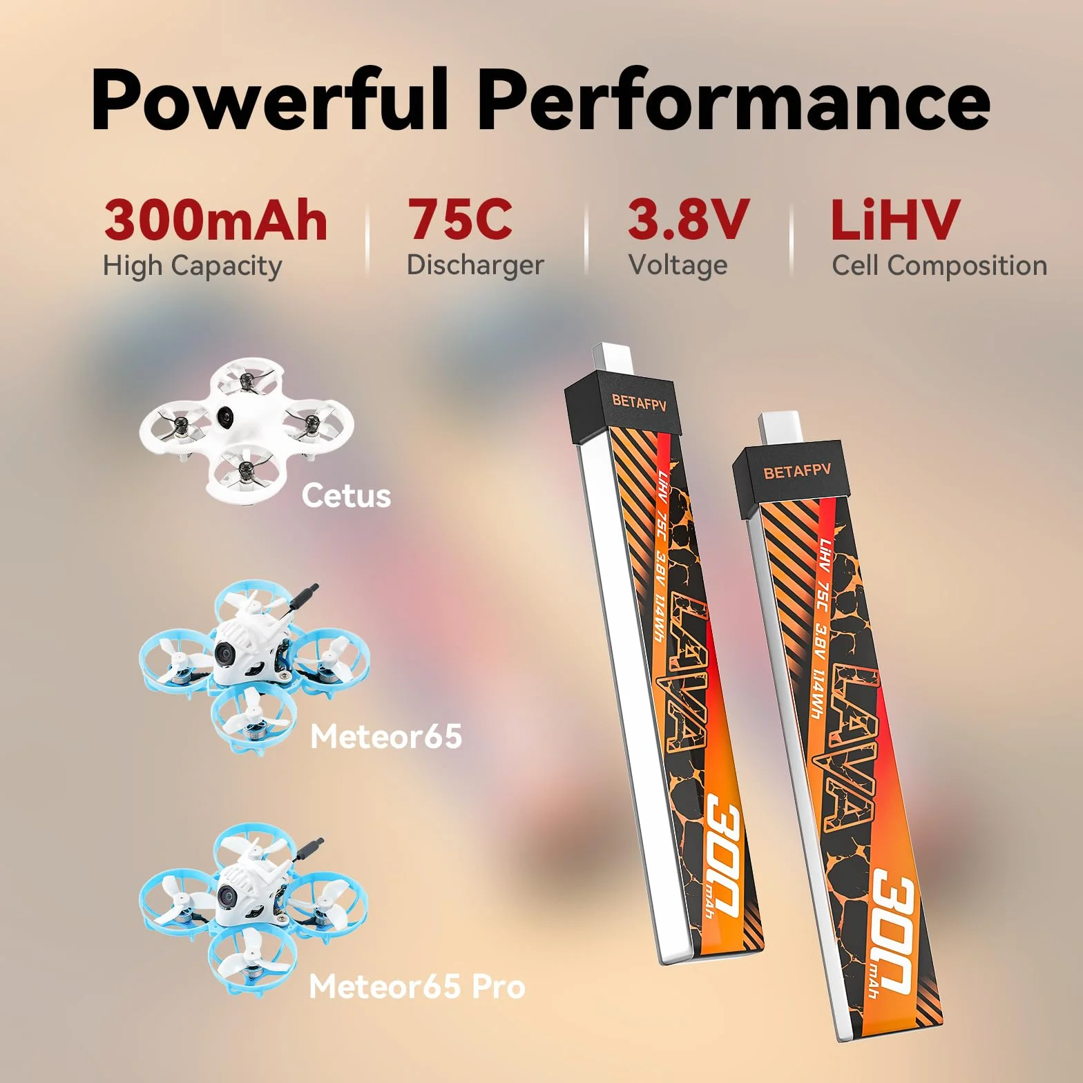 BETAFPV 5 sztuk Lava 1S 300 mAh akumulator Lipo 3,8 V 75C akumulator LiHV ze złączem BT2.0, kompatybilny z dronami 1S FPV Tiny Whoop Quadcopter, takimi jak Cetus, Meteor65, Meteor65 Pro 1S, 300MAH 1S