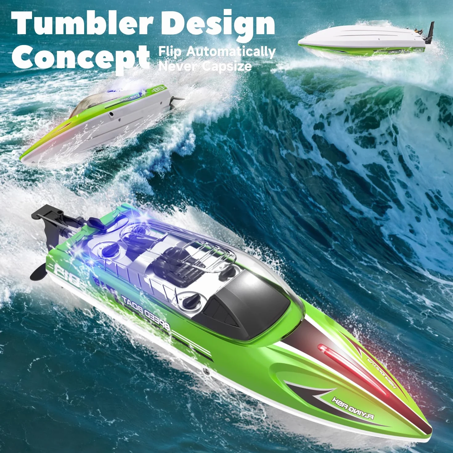 PENGBU RC Zdalnie sterowana łódź od 6 do 8 lat, 1:16 RC Boot zdalnie sterowana 28 km/h, Speedboot z pilotem zdalnego sterowania, dla dzieci od 6 do 8 lat, zabawka basenowa z 2 akumulatorami, podwójna