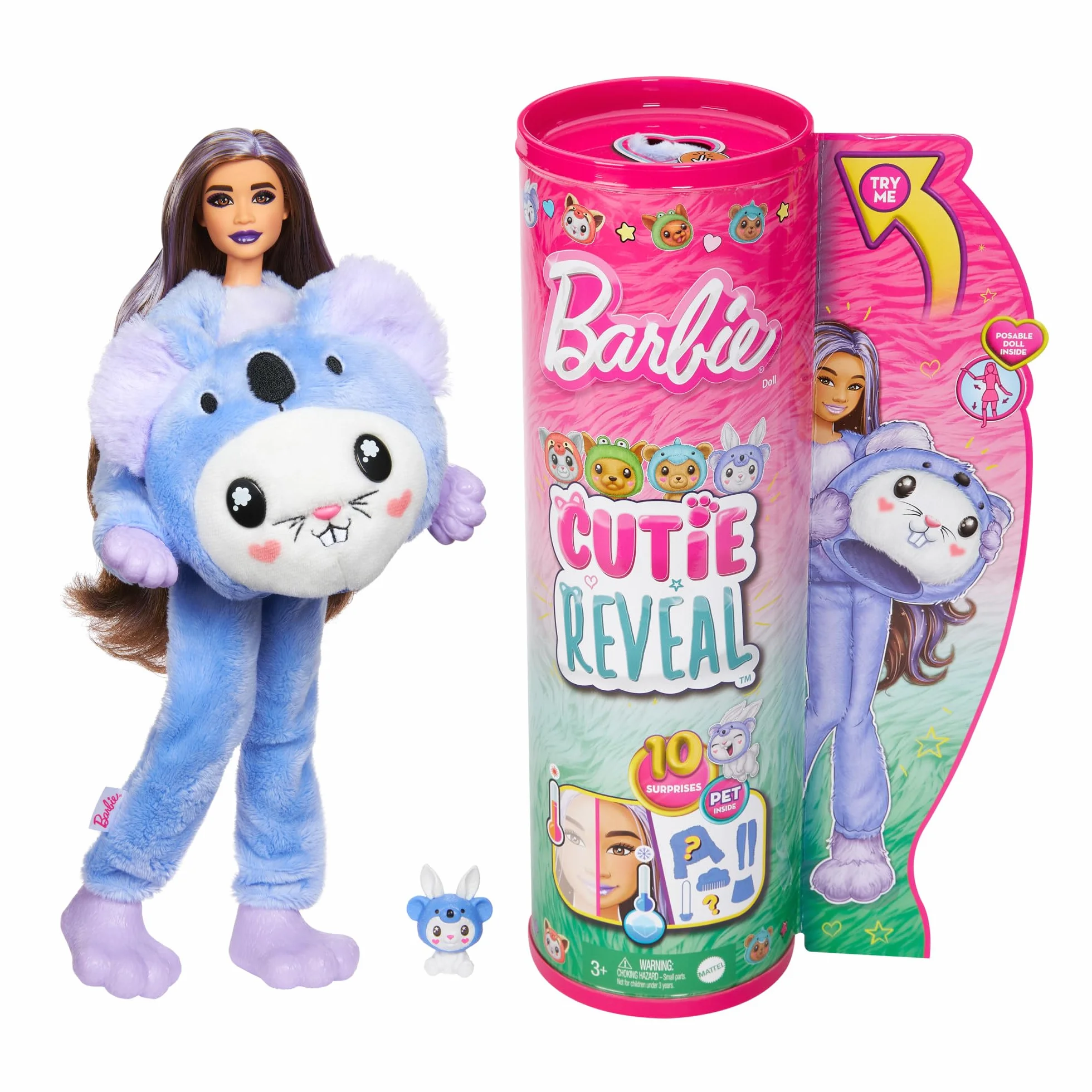 Barbie Cutie Reveal Seria Kostiumy Zwierzaczki Lalka w kostiumie króliczka przebranego za koalę z 10 niespodziankami, w tym zmianą koloru, HRK26