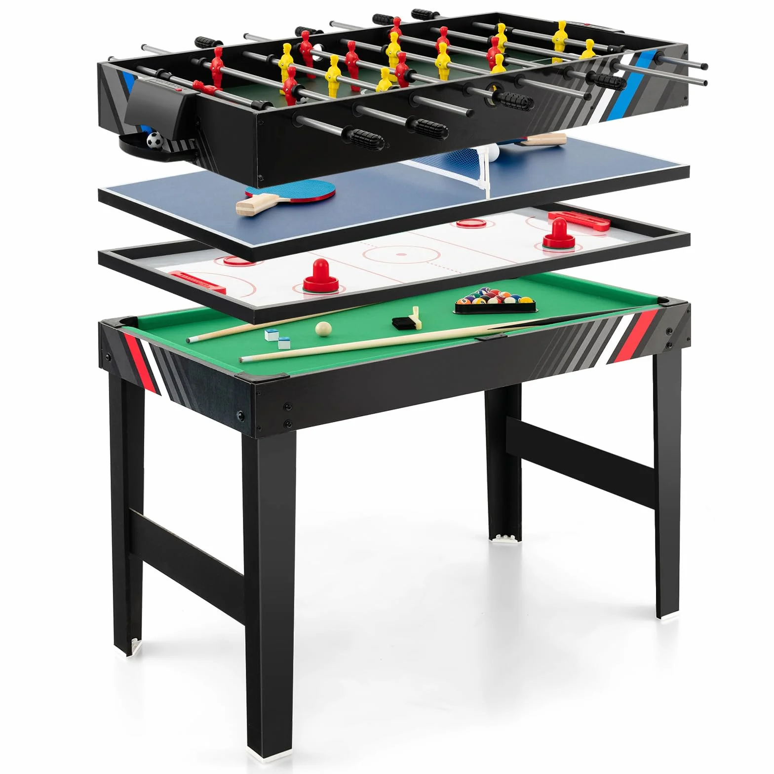 COSTWAY Wielofunkcyjny Stół Do Gry 4w1 – Bilard, Hokej Powietrzny, Tenis Stołowy i Piłkarzyki – Kompletny Zestaw Do Gier Domowych, Na Imprezy i Do Pokoju Zabaw